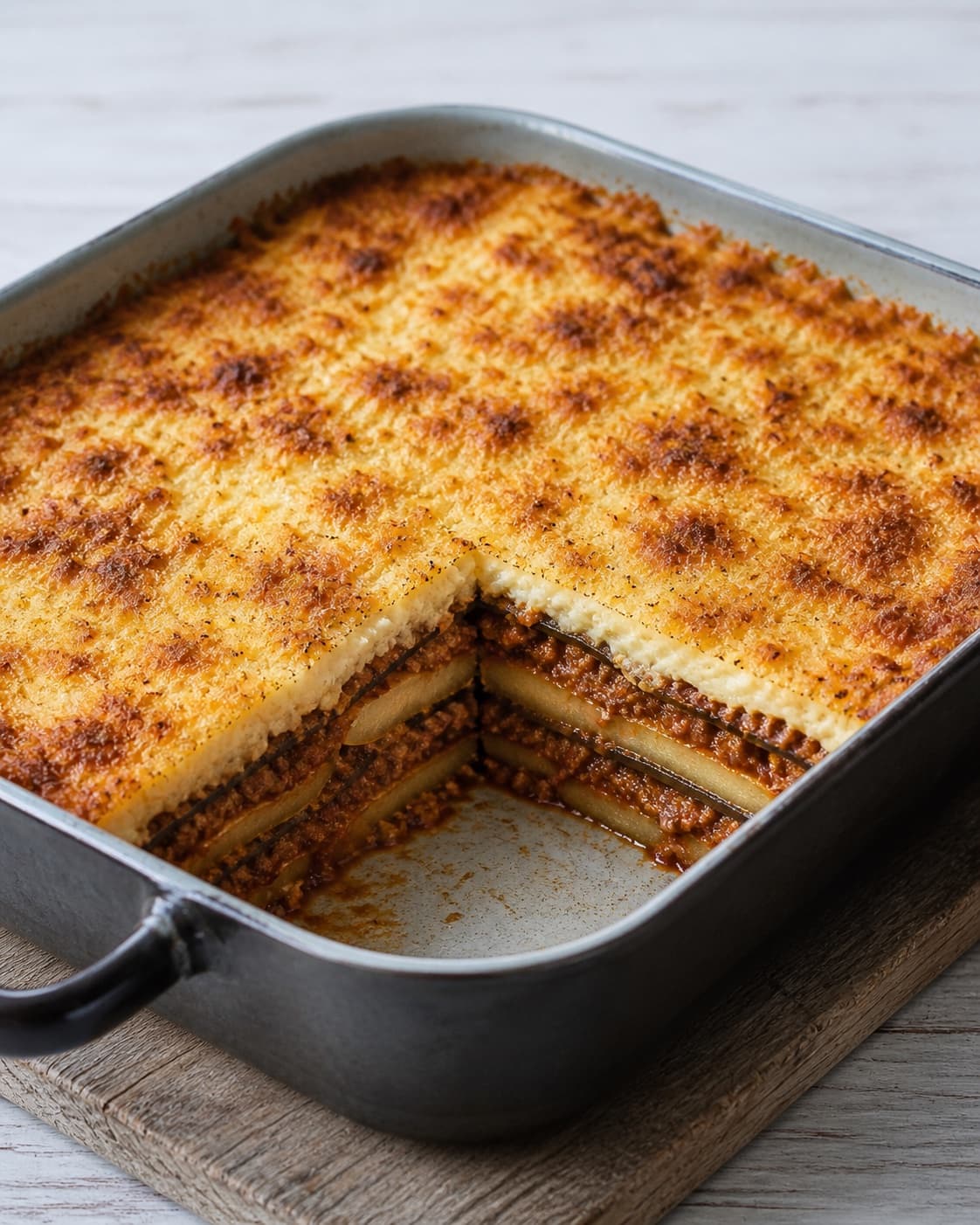 One finished golden bubbling moussaka casserole with one neat square portion cut to reveal tender potato aubergine meat and white sauce layers, no salad bread or extra dishes under tilberedningen af moussaka med kartofler og aubergine