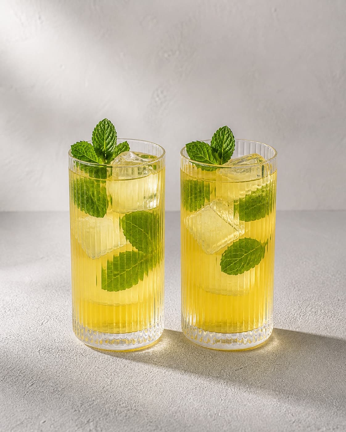 Exactly two tall glasses holding equal clear yellow pineapple-rum drink with mint and abundant ice, no bubbles garnish straws or extra glasses under tilberedningen af ananasmojito med ingefær og mynte