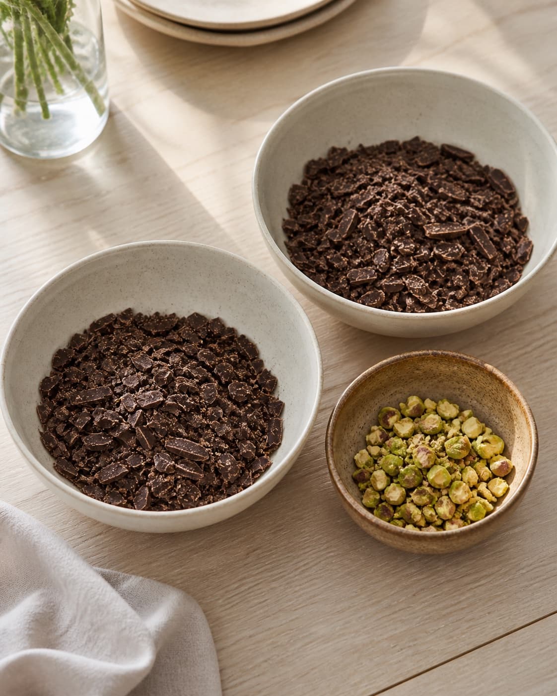 Two clean bowls holding equal portions of finely chopped dark chocolate and one small bowl of roughly chopped pistachios, no melted chocolate flowers or gold dust under tilberedningen af chokoladebrud med pistaciekerner