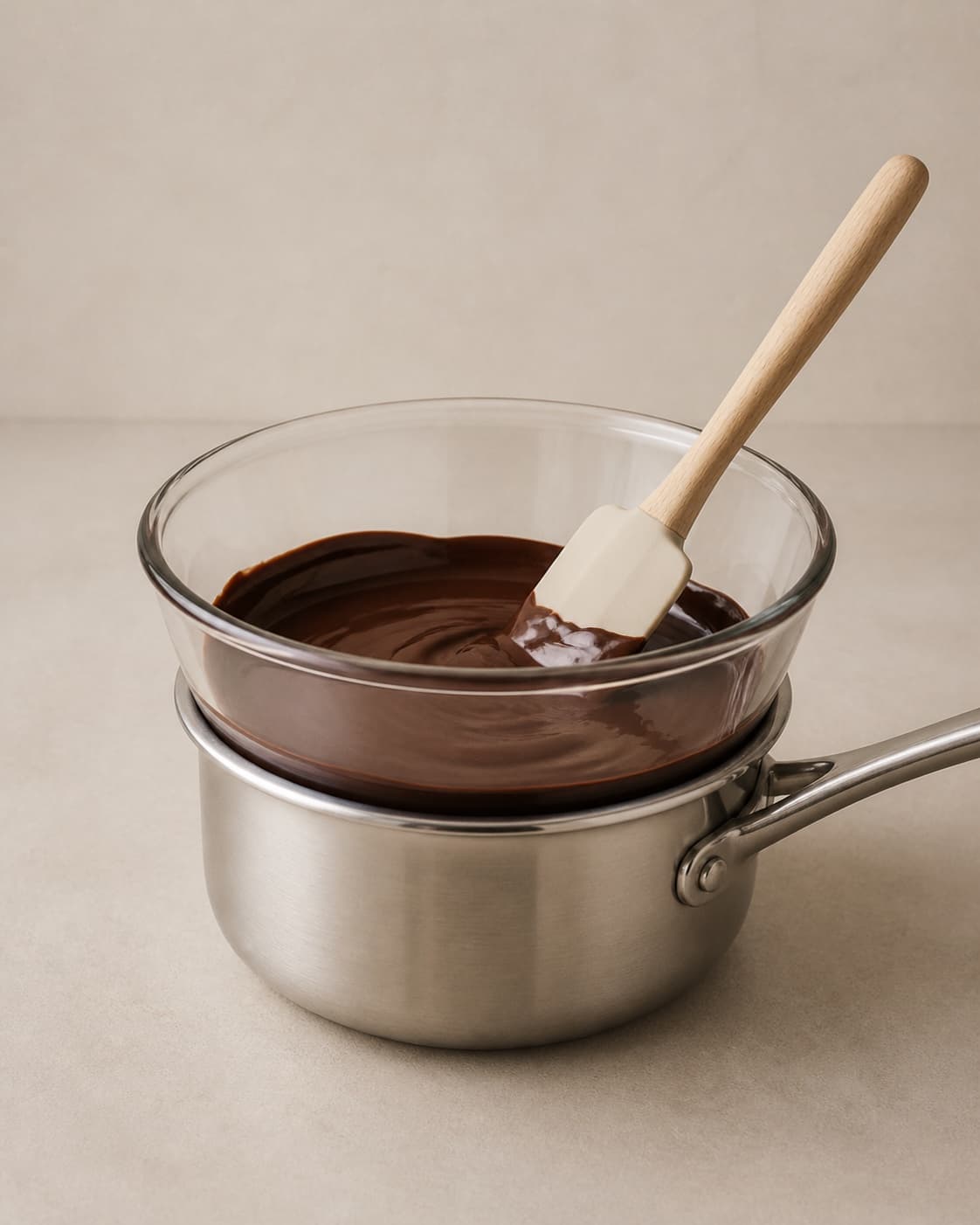 One heatproof bowl over a gentle bain-marie holding fully melted glossy dark chocolate with one spatula, no nuts flowers gold dust or extra chocolate under tilberedningen af chokoladebrud med pistaciekerner