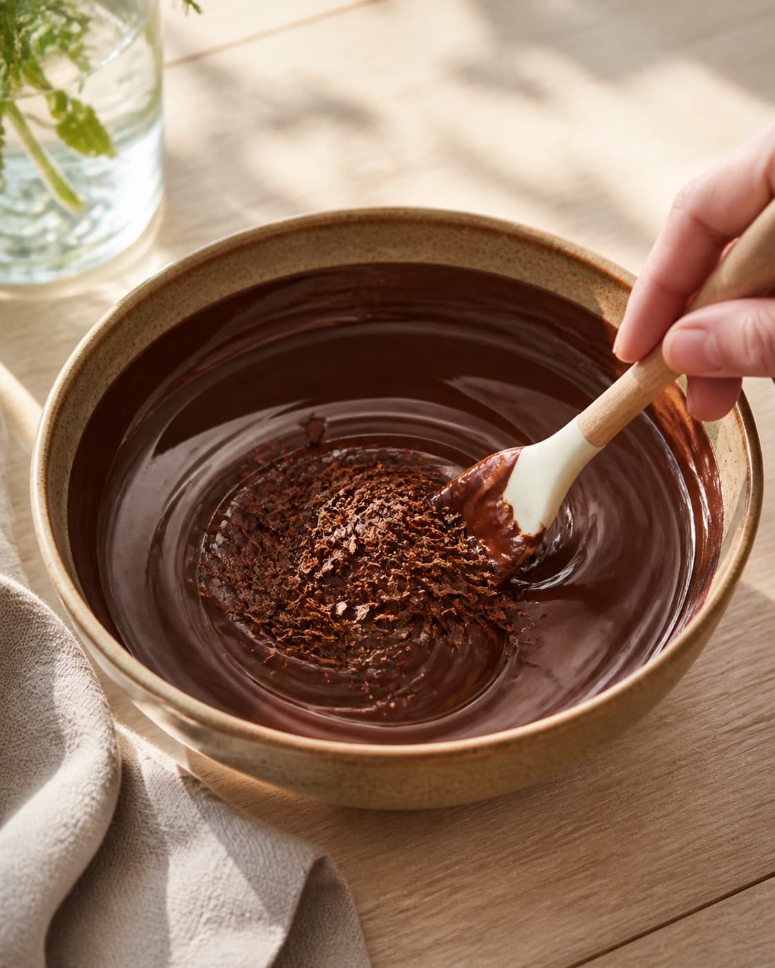 One bowl of glossy tempered dark chocolate with the final tiny dry chocolate flakes being stirred in, no pistachios flowers gold dust or tray under tilberedningen af chokoladebrud med pistaciekerner