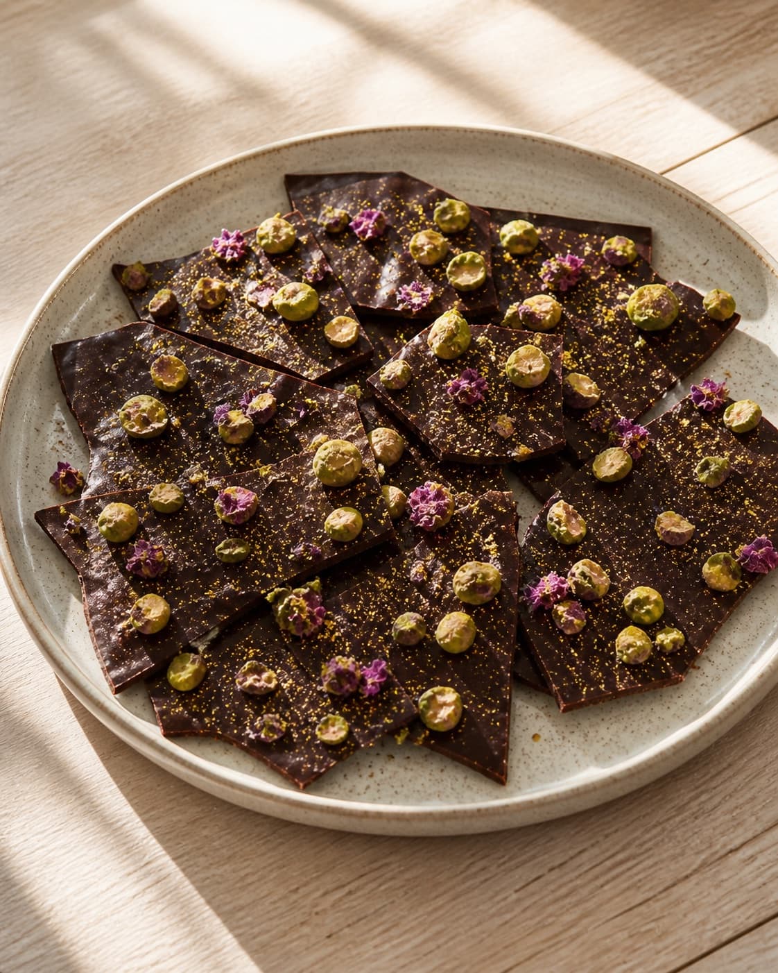 One platter holding rustic broken pieces of dark chocolate bark with pistachios, sparse edible flowers and subtle gold dust, no other candy fruit or extra dishes under tilberedningen af chokoladebrud med pistaciekerner