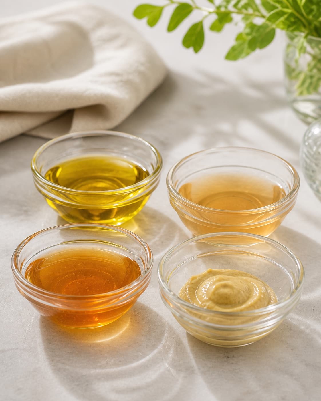 Exactly four small clean bowls holding olive oil, apple cider vinegar, honey and Dijon mustard separately, no salad seasoning or mixed dressing under tilberedningen af vinaigrette dressing til salat