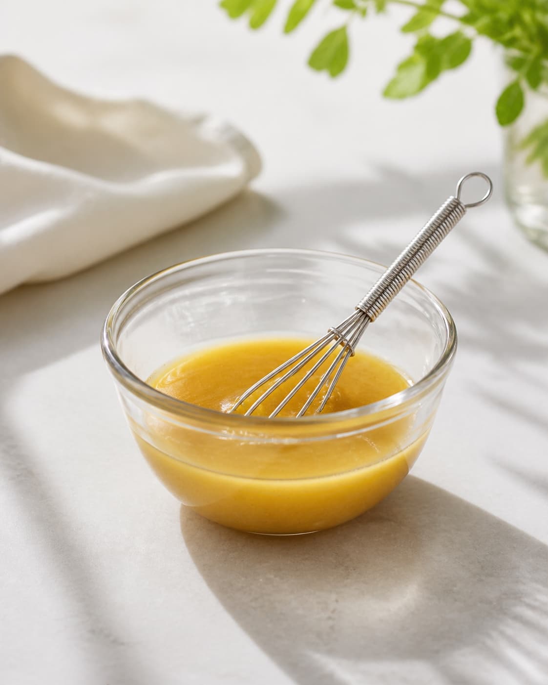 One small bowl holding a smooth amber-yellow mixture of apple cider vinegar honey and Dijon with one whisk, no oil seasoning salad or extra bowls under tilberedningen af vinaigrette dressing til salat