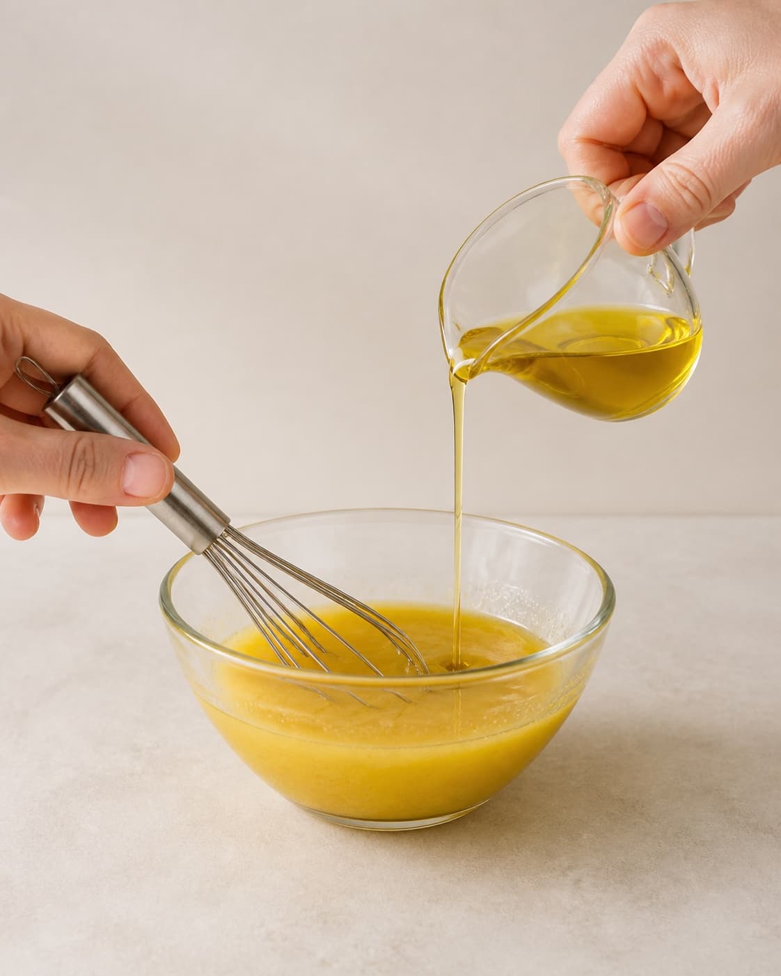 One bowl where a thin stream of golden olive oil is whisked into a cohesive glossy vinaigrette, no salad seasoning herbs or extra food under tilberedningen af vinaigrette dressing til salat