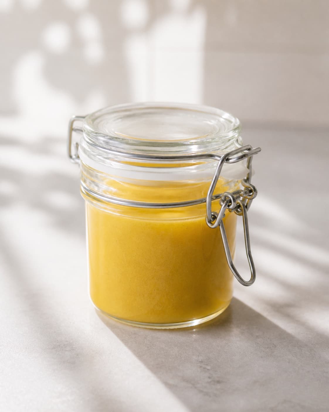 One small clean lidded jar filled with uniform golden vinaigrette, no label salad herbs bread or extra food under tilberedningen af vinaigrette dressing til salat