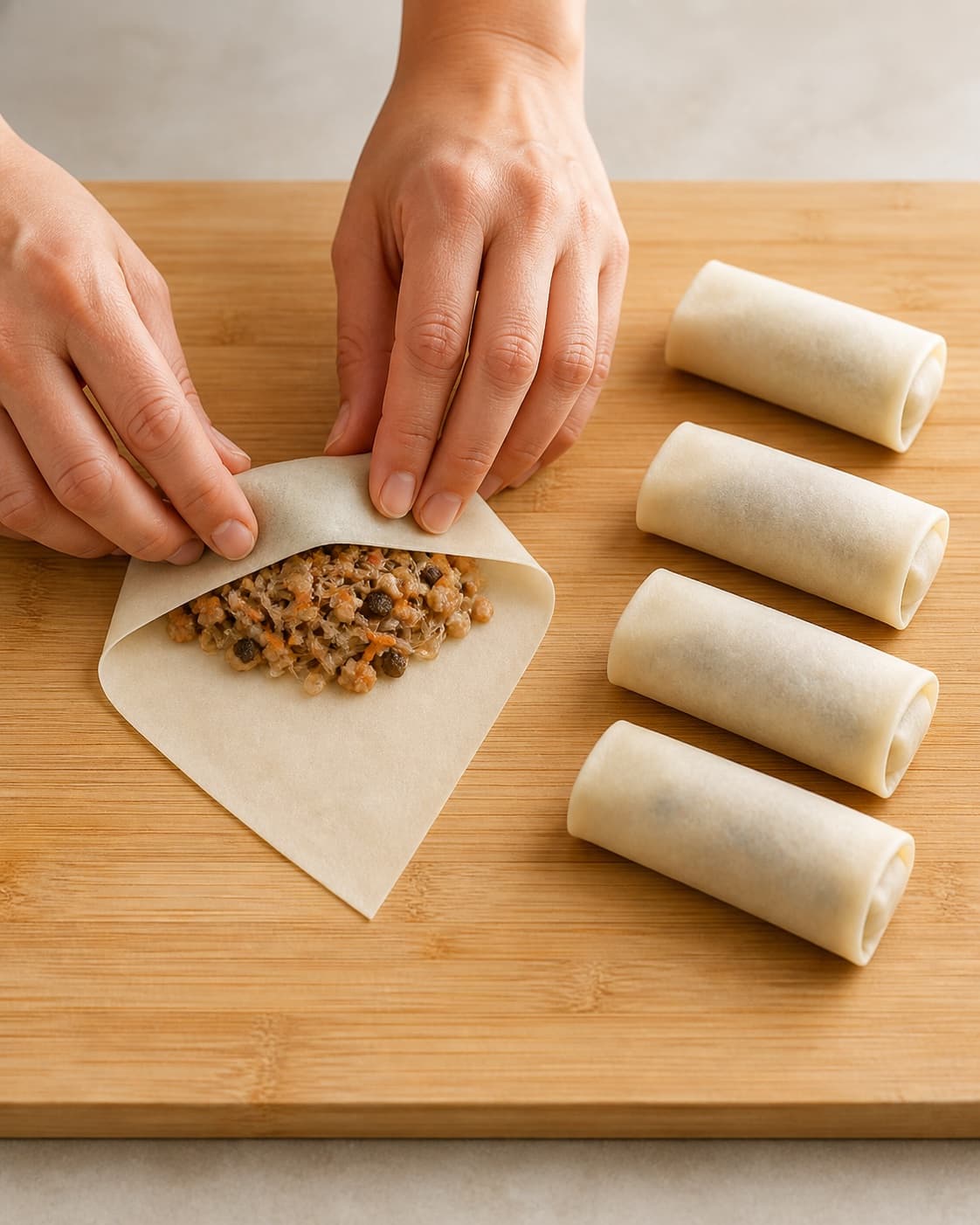 One cutting board with realistic hands tightly folding one raw spring roll around pork filling and glass noodles, plus exactly four completed uncooked rolls, no frying oil or cooked rolls under tilberedningen af sprøde forårsruller