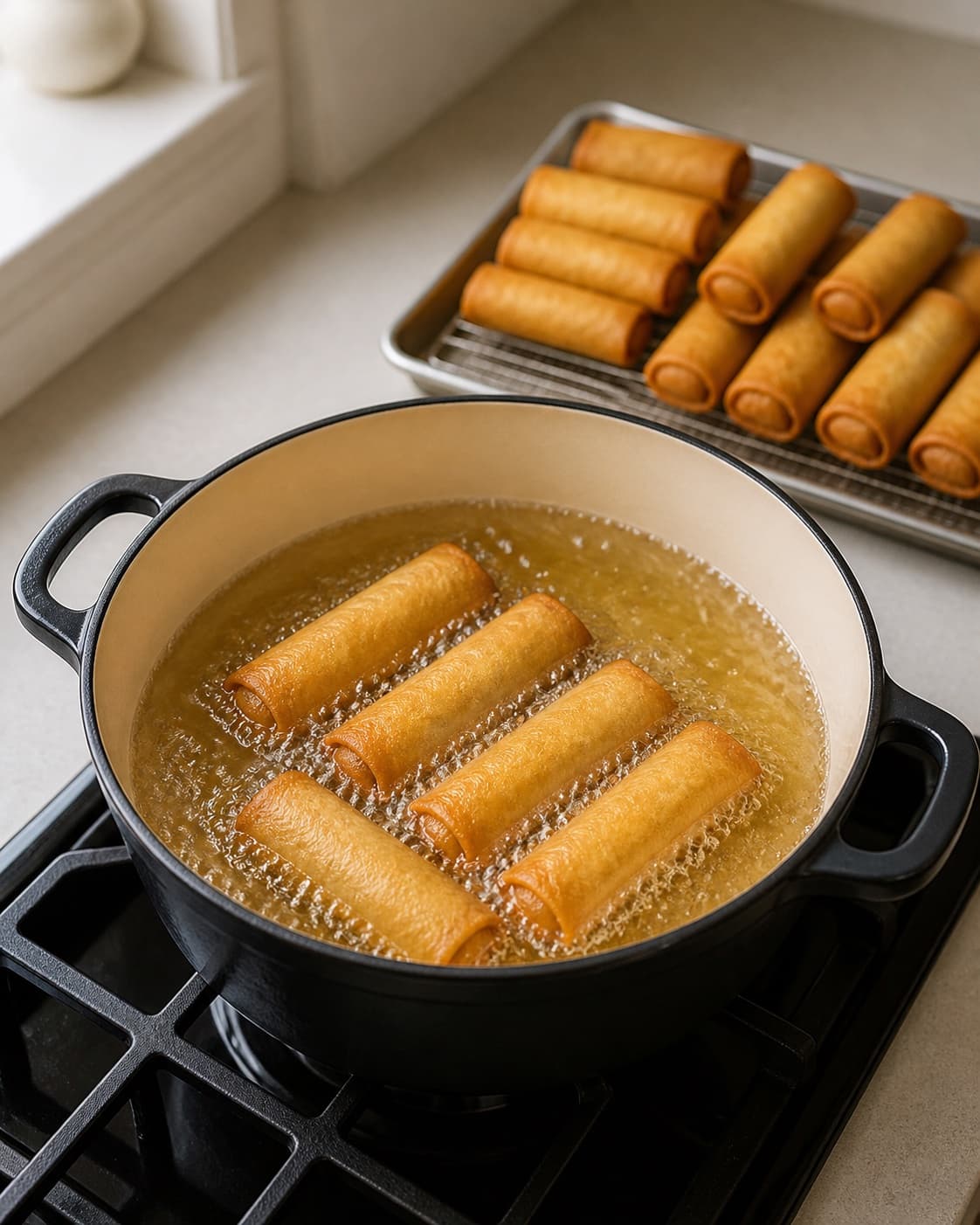 One deep pot containing exactly five golden spring rolls bubbling in clear frying oil beside one tray of crisp drained rolls, no dip salad garnish or extra food under tilberedningen af sprøde forårsruller