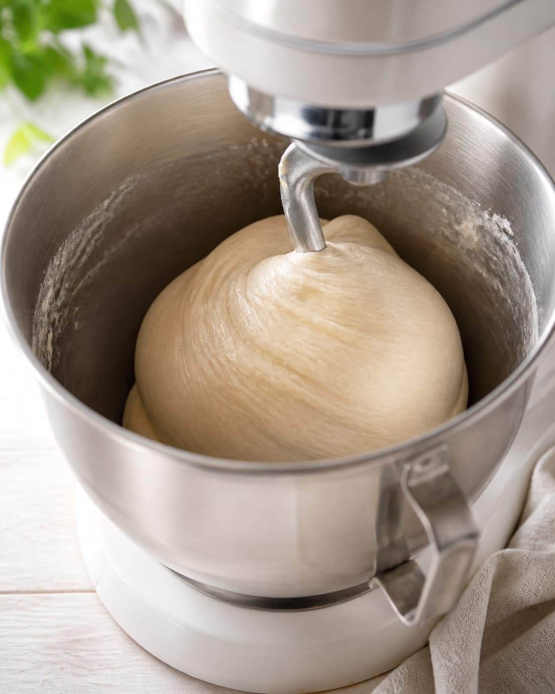 One stand-mixer bowl holding smooth soft elastic brioche dough gathered around the dough hook, no shaped buns sesame patties or burger fillings under tilberedningen af sliders - miniburgere