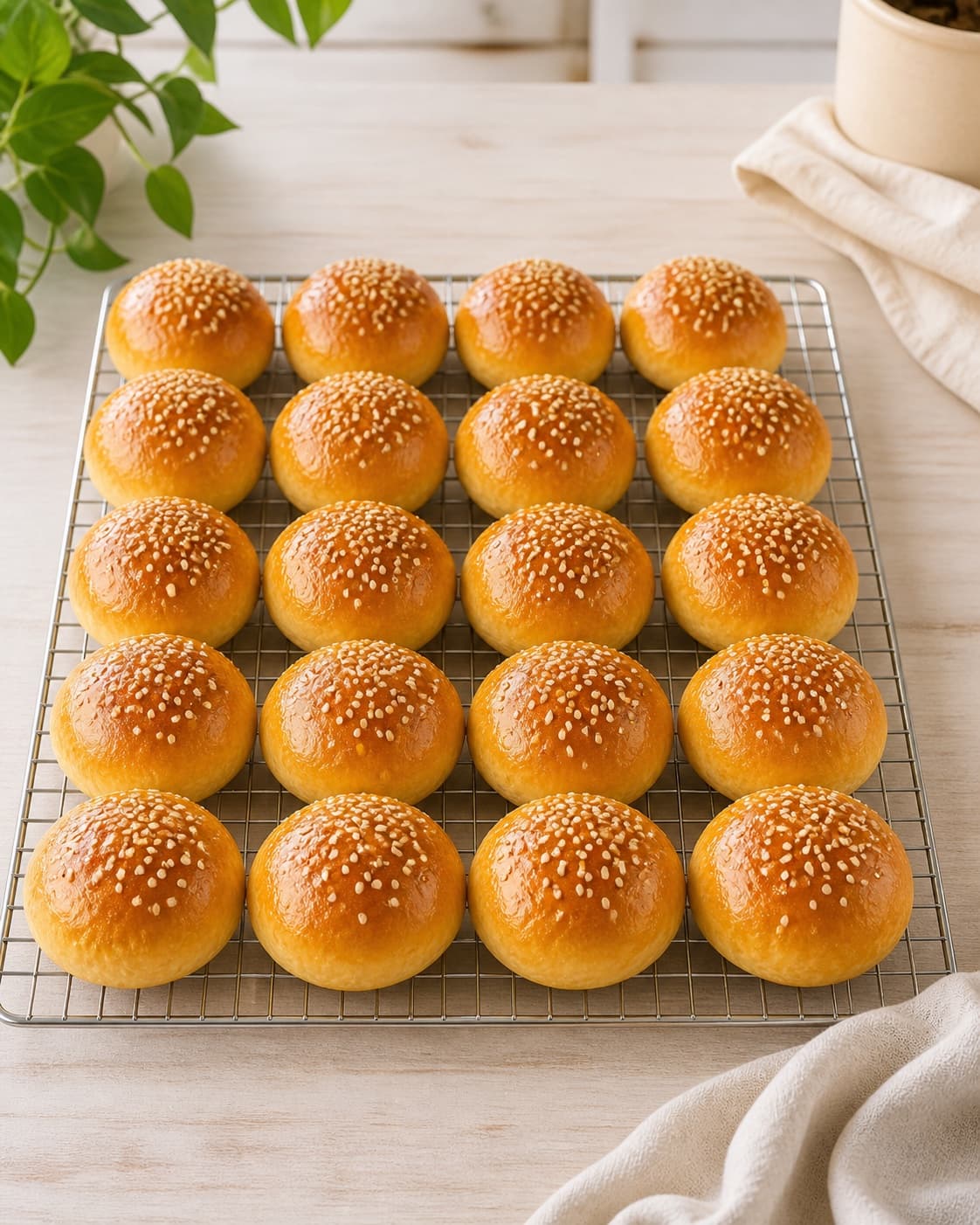 One cooling rack holding exactly twenty small glossy golden brioche buns topped with sesame, no patties vegetables cheese or assembled burgers under tilberedningen af sliders - miniburgere