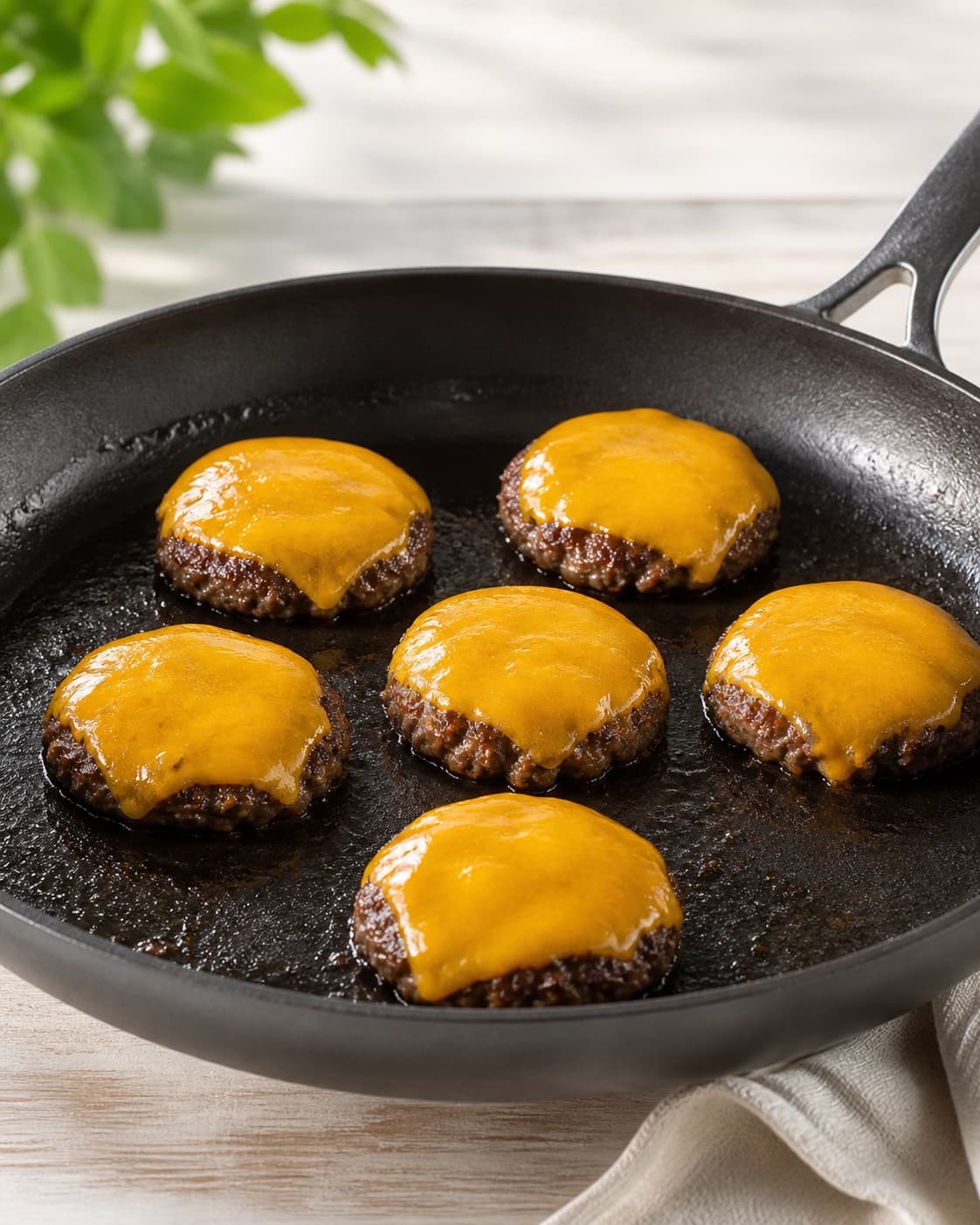 One large skillet holding exactly six small fully browned beef patties topped with melting cheddar, no buns salad tomato cucumber onion or bacon strips under tilberedningen af sliders - miniburgere