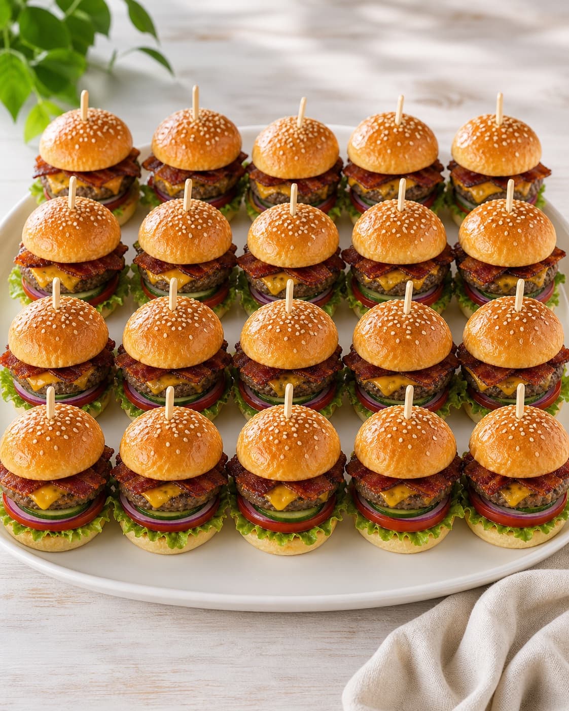 One large platter holding exactly twenty assembled mini burgers in rows with sesame buns lettuce tomato cucumber onion bacon cheddar and beef patties, no fries dips flags or extra dishes under tilberedningen af sliders - miniburgere