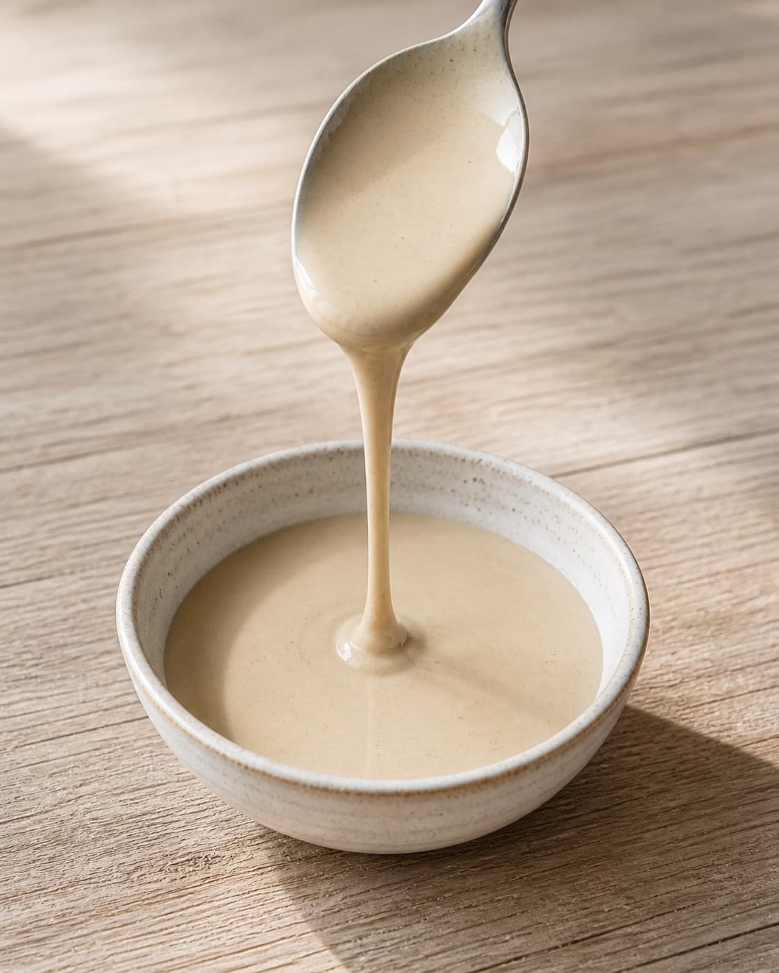 One small bowl holding smooth pale beige tahini dressing falling in one thick pourable ribbon from a spoon, no aubergine nuts pomegranate herbs or extra food under tilberedningen af grillet aubergine med tahindressing og mynte