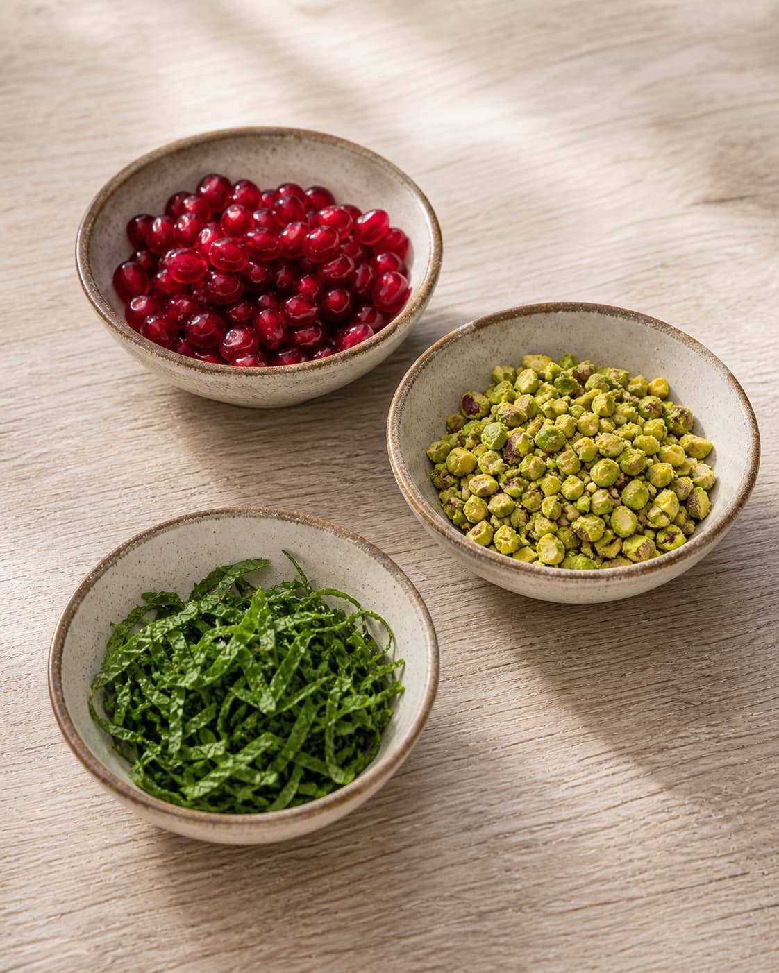 Exactly three small bowls holding ruby pomegranate seeds, roughly chopped green pistachios and finely sliced mint separately, no aubergine dressing or extra food under tilberedningen af grillet aubergine med tahindressing og mynte