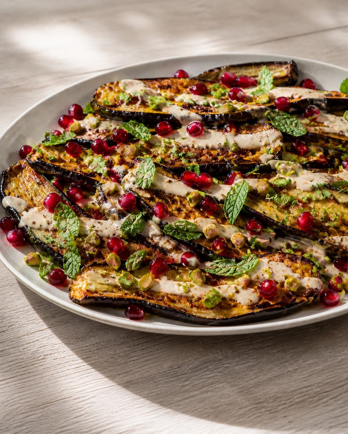 One finished platter of tender golden aubergine striped with pale tahini dressing and topped with pomegranate seeds pistachios and mint, no bread bowls or extra dishes under tilberedningen af grillet aubergine med tahindressing og mynte