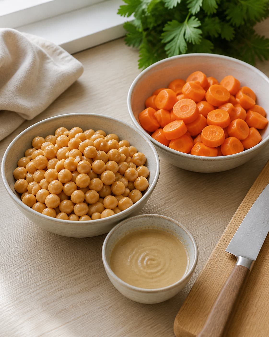 One single photorealistic instructional frame of washed and evenly cut raw ingredients arranged in separate bowls for Kikærtesalat med ristede gulerødder, featuring kogte kikærter, gulerødder, tahin, with only the named equipment and no unrelated food, text, logos or packaging under tilberedningen af kikærtesalat med ristede gulerødder