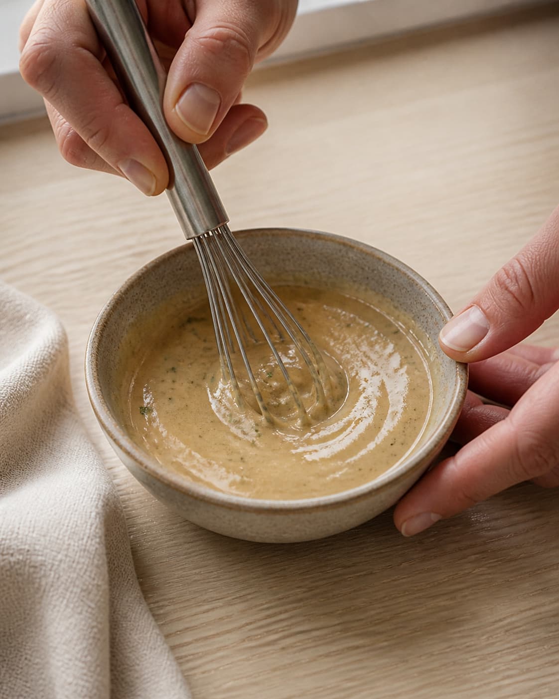 One single photorealistic instructional frame of a glossy dressing being whisked in one small bowl for Kikærtesalat med ristede gulerødder, featuring kogte kikærter, gulerødder, tahin, with only the named equipment and no unrelated food, text, logos or packaging under tilberedningen af kikærtesalat med ristede gulerødder