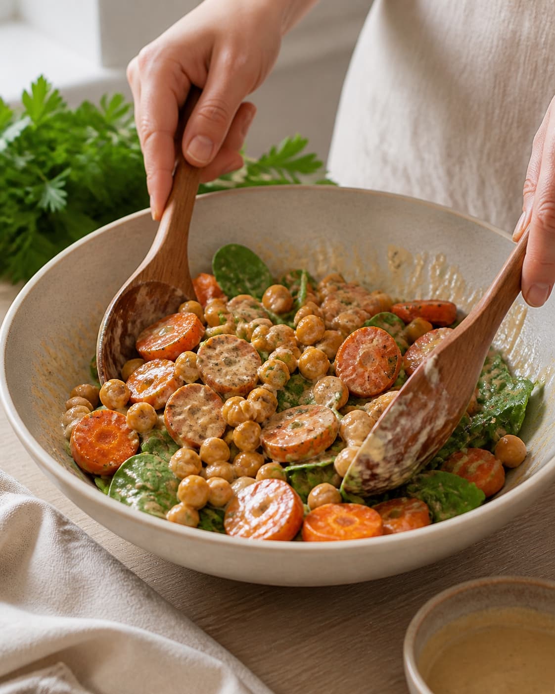 One single photorealistic instructional frame of the prepared salad components being gently tossed together for Kikærtesalat med ristede gulerødder, featuring kogte kikærter, gulerødder, tahin, with only the named equipment and no unrelated food, text, logos or packaging under tilberedningen af kikærtesalat med ristede gulerødder