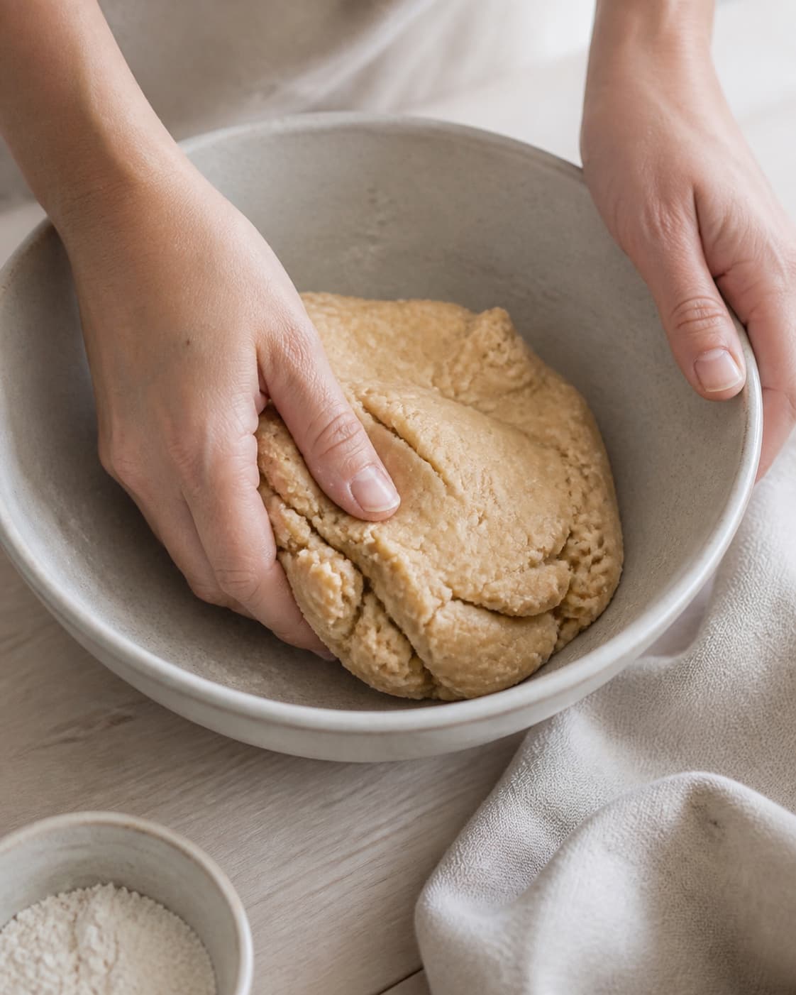 One single photorealistic instructional frame of a cohesive pastry dough being mixed in one bowl for Pop Tarts med saltkaramel og chokolade, featuring hvedemel, koldt smør, brun farin, with only the named equipment and no unrelated food, text, logos or packaging under tilberedningen af pop tarts med saltkaramel og chokolade