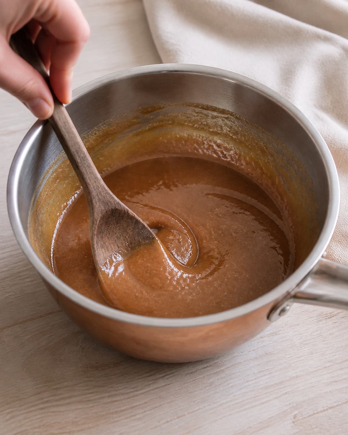 One single photorealistic instructional frame of the recipe-specific filling cooked in one pan for Pop Tarts med saltkaramel og chokolade, featuring hvedemel, koldt smør, brun farin, with only the named equipment and no unrelated food, text, logos or packaging under tilberedningen af pop tarts med saltkaramel og chokolade
