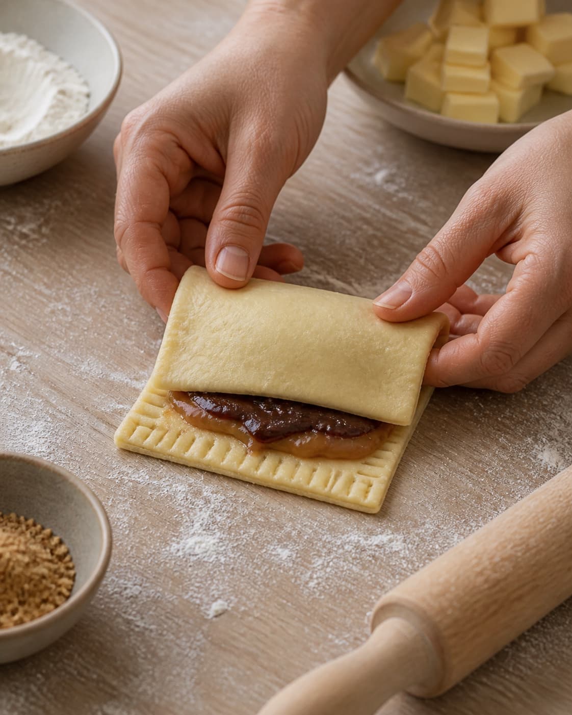 One single photorealistic instructional frame of pastry being rolled filled and sealed by realistic hands for Pop Tarts med saltkaramel og chokolade, featuring hvedemel, koldt smør, brun farin, with only the named equipment and no unrelated food, text, logos or packaging under tilberedningen af pop tarts med saltkaramel og chokolade