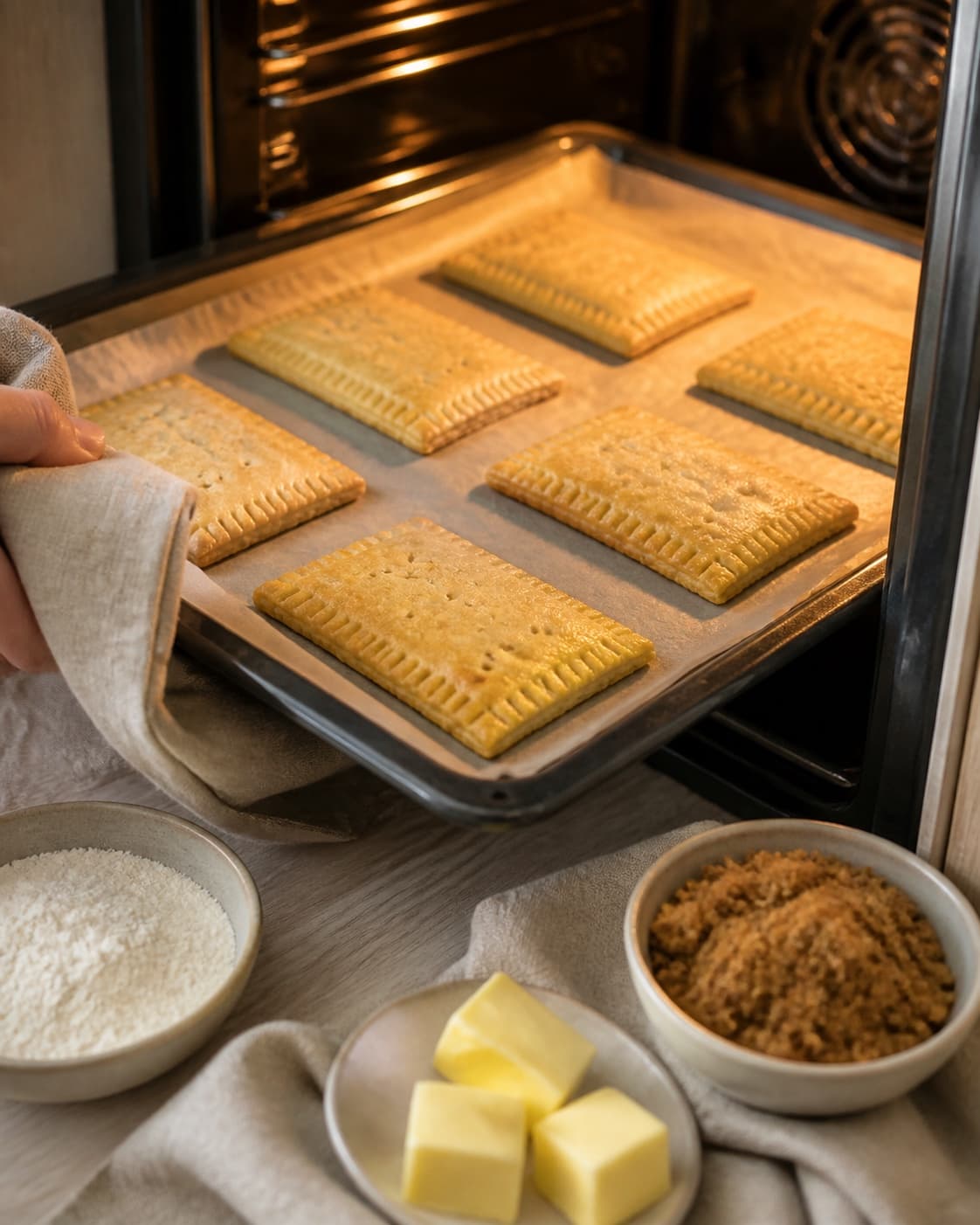 One single photorealistic instructional frame of golden filled pastries baking on one tray for Pop Tarts med saltkaramel og chokolade, featuring hvedemel, koldt smør, brun farin, with only the named equipment and no unrelated food, text, logos or packaging under tilberedningen af pop tarts med saltkaramel og chokolade