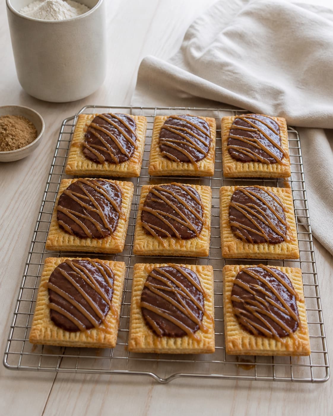 One single photorealistic instructional frame of the completed pastries cooling neatly on one rack for Pop Tarts med saltkaramel og chokolade, featuring hvedemel, koldt smør, brun farin, with only the named equipment and no unrelated food, text, logos or packaging under tilberedningen af pop tarts med saltkaramel og chokolade