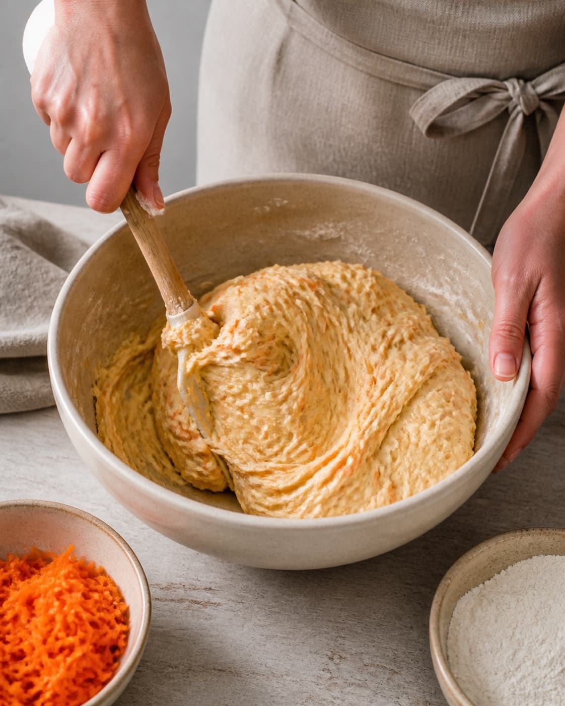 One single photorealistic instructional frame of soft bread dough mixing in one bowl for Gulerodssnurrer, featuring gulerødder, hvedemel, gær, with only the named equipment and no unrelated food, text, logos or packaging under tilberedningen af gulerodssnurrer