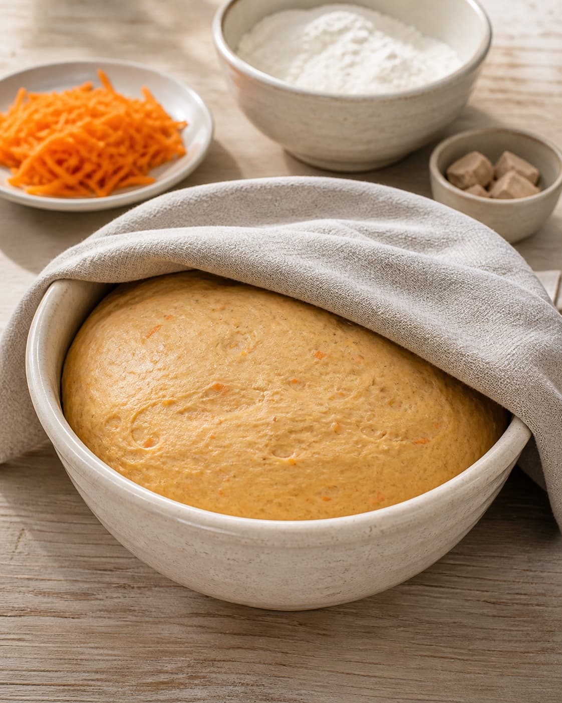 One single photorealistic instructional frame of elastic risen dough in one covered bowl for Gulerodssnurrer, featuring gulerødder, hvedemel, gær, with only the named equipment and no unrelated food, text, logos or packaging under tilberedningen af gulerodssnurrer