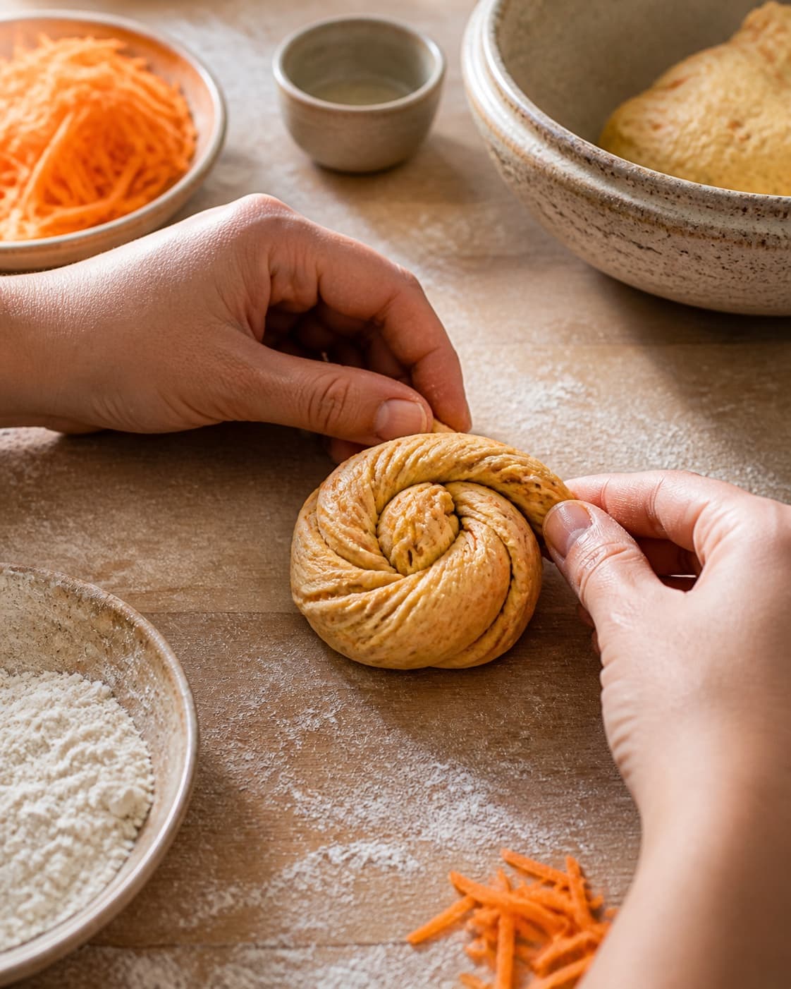 One single photorealistic instructional frame of hands shaping the dough into the recipe-specific form for Gulerodssnurrer, featuring gulerødder, hvedemel, gær, with only the named equipment and no unrelated food, text, logos or packaging under tilberedningen af gulerodssnurrer