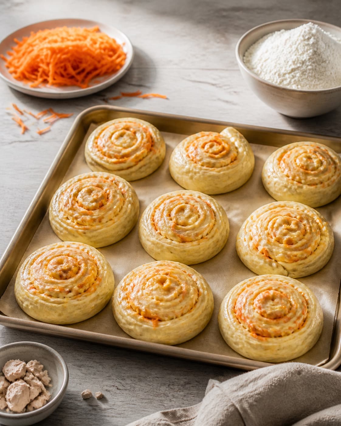 One single photorealistic instructional frame of shaped pale dough pieces visibly risen on one baking tray for Gulerodssnurrer, featuring gulerødder, hvedemel, gær, with only the named equipment and no unrelated food, text, logos or packaging under tilberedningen af gulerodssnurrer