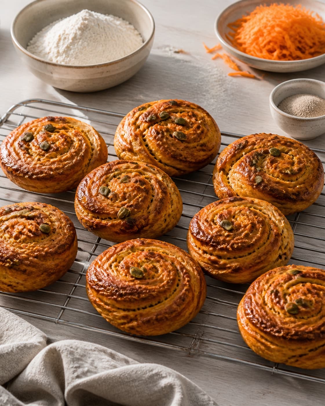 One single photorealistic instructional frame of freshly baked golden bread cooling on one rack for Gulerodssnurrer, featuring gulerødder, hvedemel, gær, with only the named equipment and no unrelated food, text, logos or packaging under tilberedningen af gulerodssnurrer