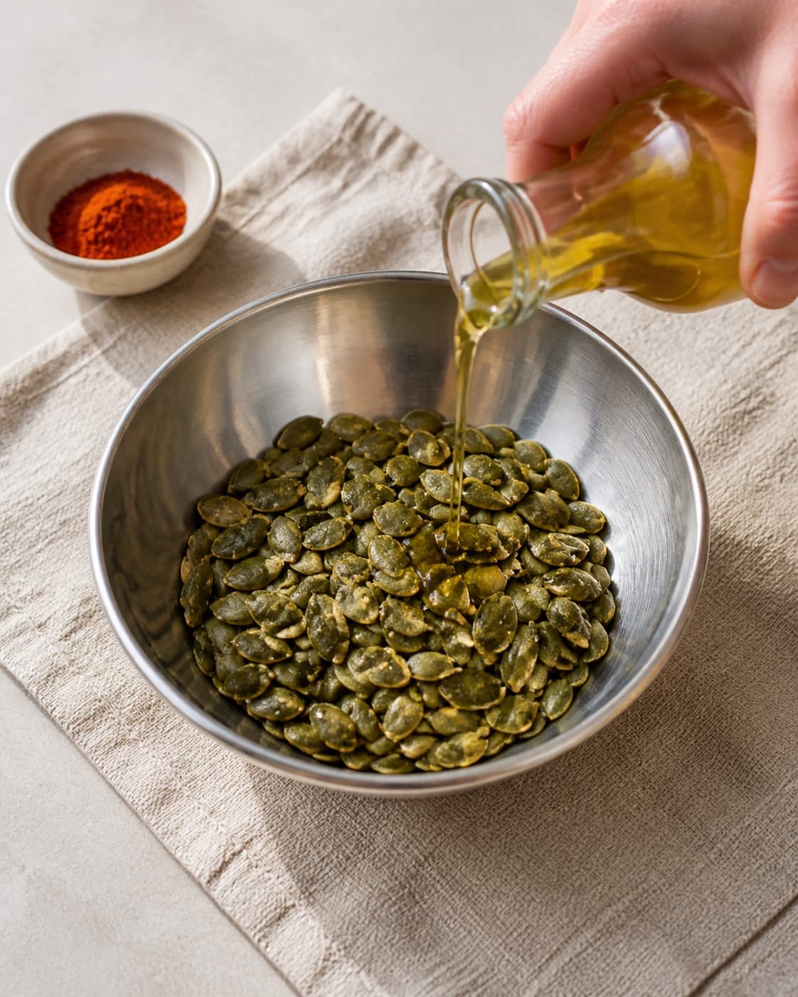 One single photorealistic instructional frame of the main ingredient trimmed cut and dried before roasting for Ristede græskarkerner - Pepitas, featuring græskarkerner, olivenolie, røget paprika, with only the named equipment and no unrelated food, text, logos or packaging under tilberedningen af ristede græskarkerner - pepitas