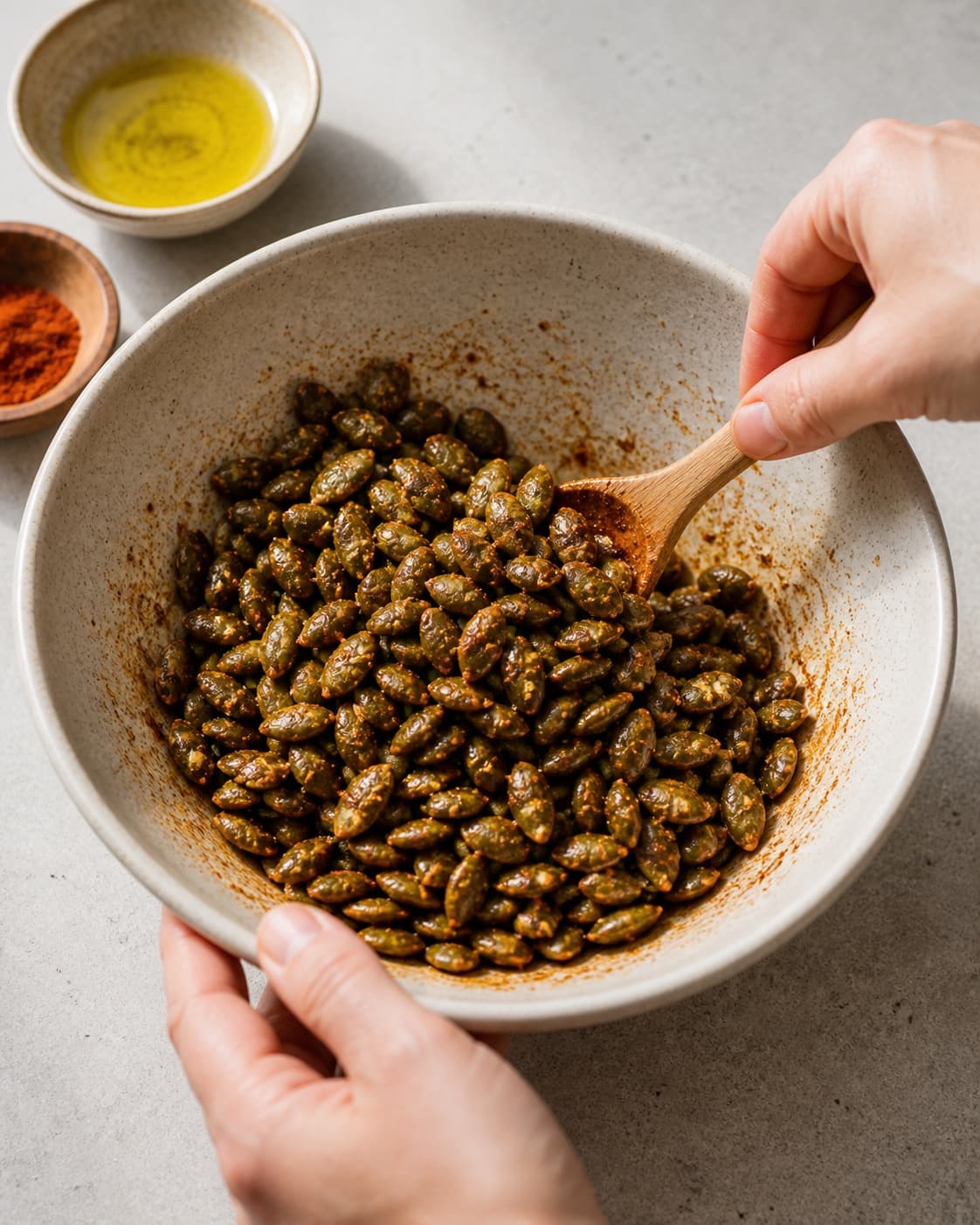 One single photorealistic instructional frame of the main ingredient being evenly coated with seasoning for Ristede græskarkerner - Pepitas, featuring græskarkerner, olivenolie, røget paprika, with only the named equipment and no unrelated food, text, logos or packaging under tilberedningen af ristede græskarkerner - pepitas