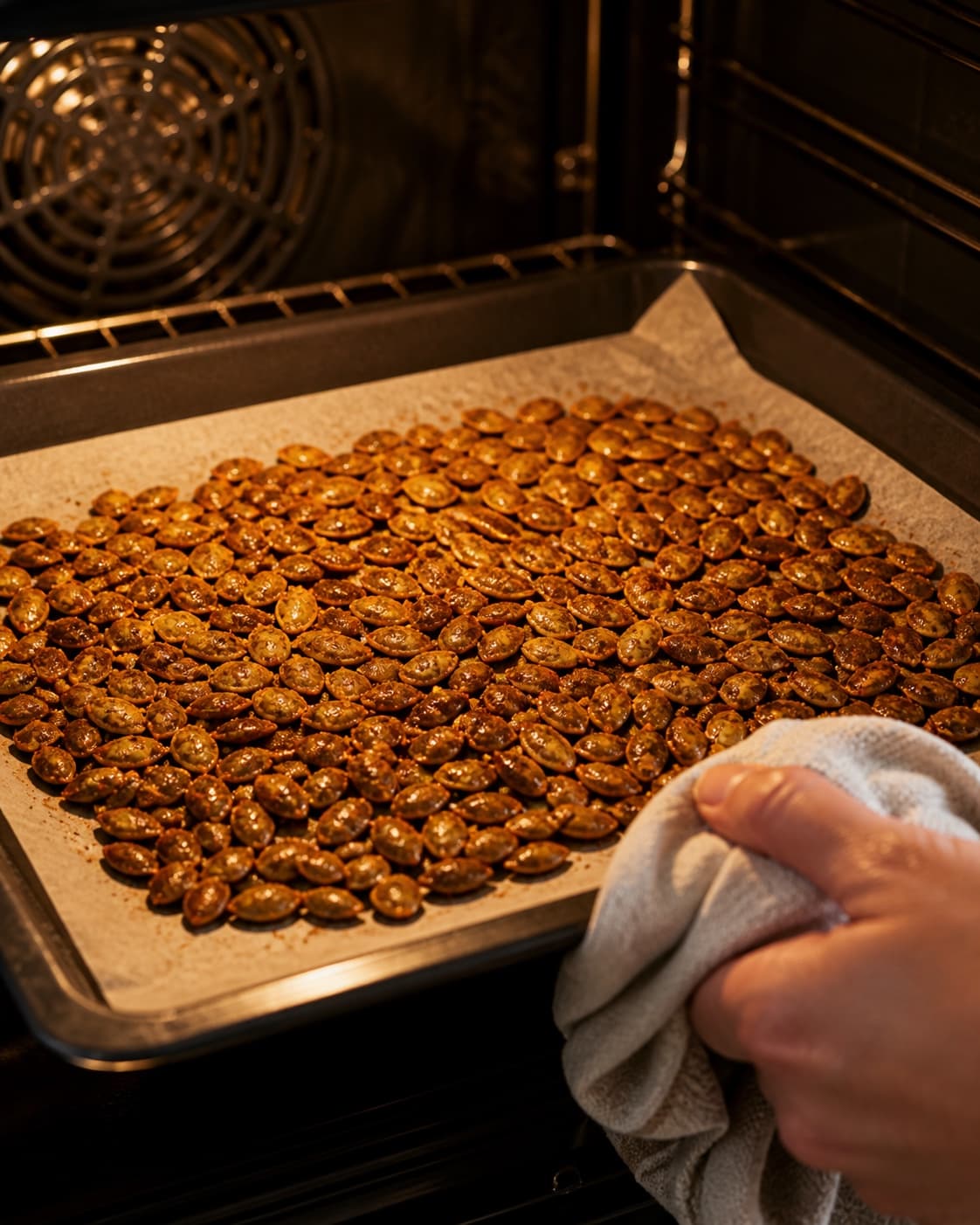 One single photorealistic instructional frame of the seasoned main ingredient roasting until properly cooked for Ristede græskarkerner - Pepitas, featuring græskarkerner, olivenolie, røget paprika, with only the named equipment and no unrelated food, text, logos or packaging under tilberedningen af ristede græskarkerner - pepitas