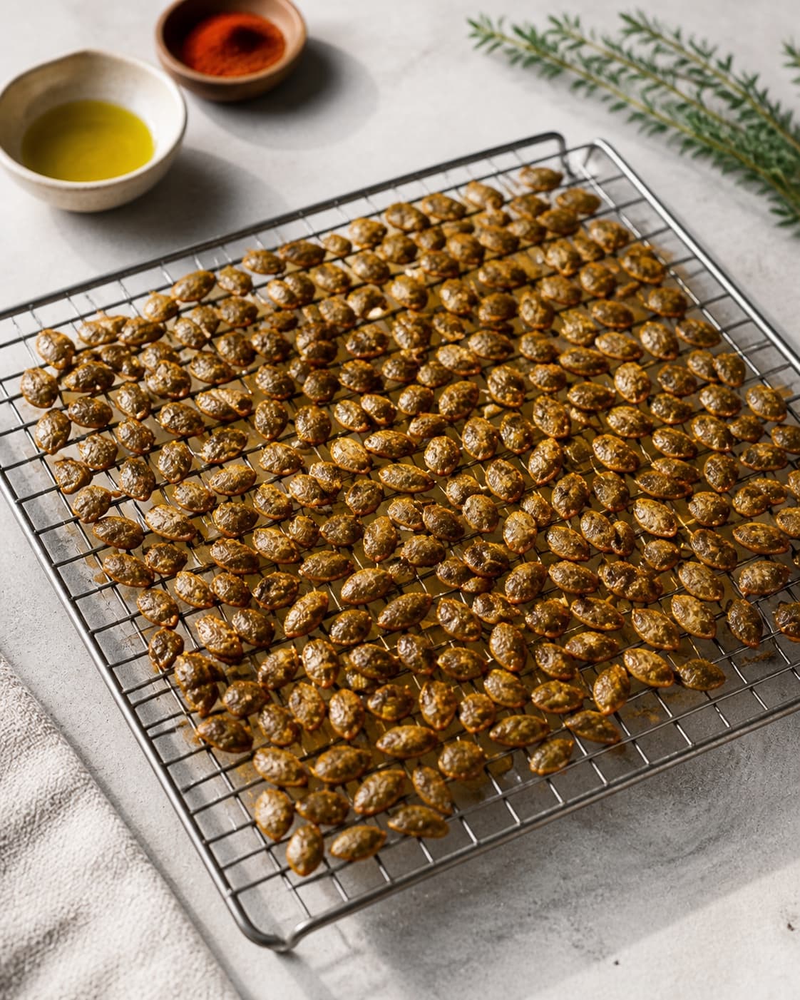 One single photorealistic instructional frame of the cooked ingredient resting uncovered on one rack or platter for Ristede græskarkerner - Pepitas, featuring græskarkerner, olivenolie, røget paprika, with only the named equipment and no unrelated food, text, logos or packaging under tilberedningen af ristede græskarkerner - pepitas