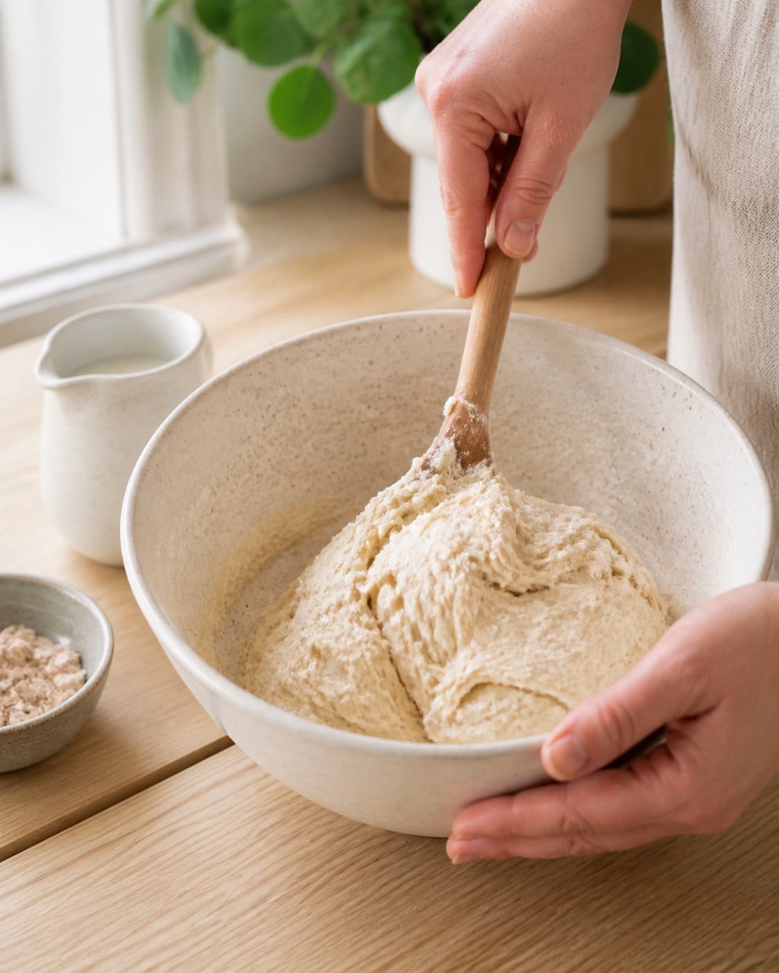 One single photorealistic instructional frame of soft bread dough mixing in one bowl for Monkeybread - kanelbrød, featuring hvedemel, gær, mælk, with only the named equipment and no unrelated food, text, logos or packaging under tilberedningen af monkeybread - kanelbrød