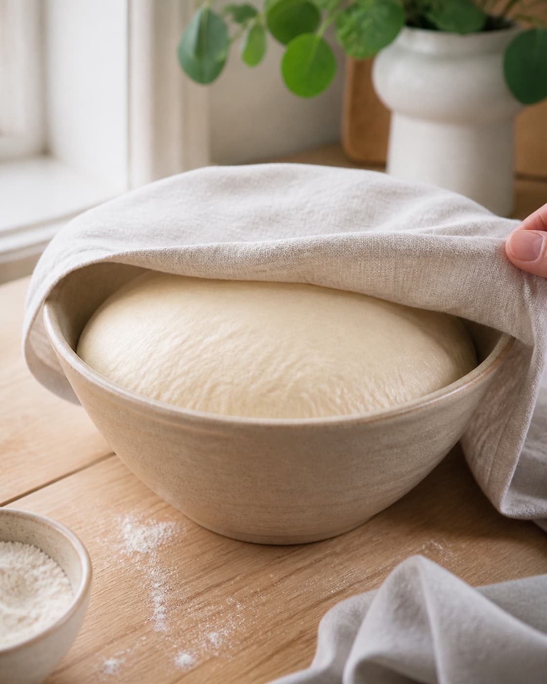 One single photorealistic instructional frame of elastic risen dough in one covered bowl for Monkeybread - kanelbrød, featuring hvedemel, gær, mælk, with only the named equipment and no unrelated food, text, logos or packaging under tilberedningen af monkeybread - kanelbrød
