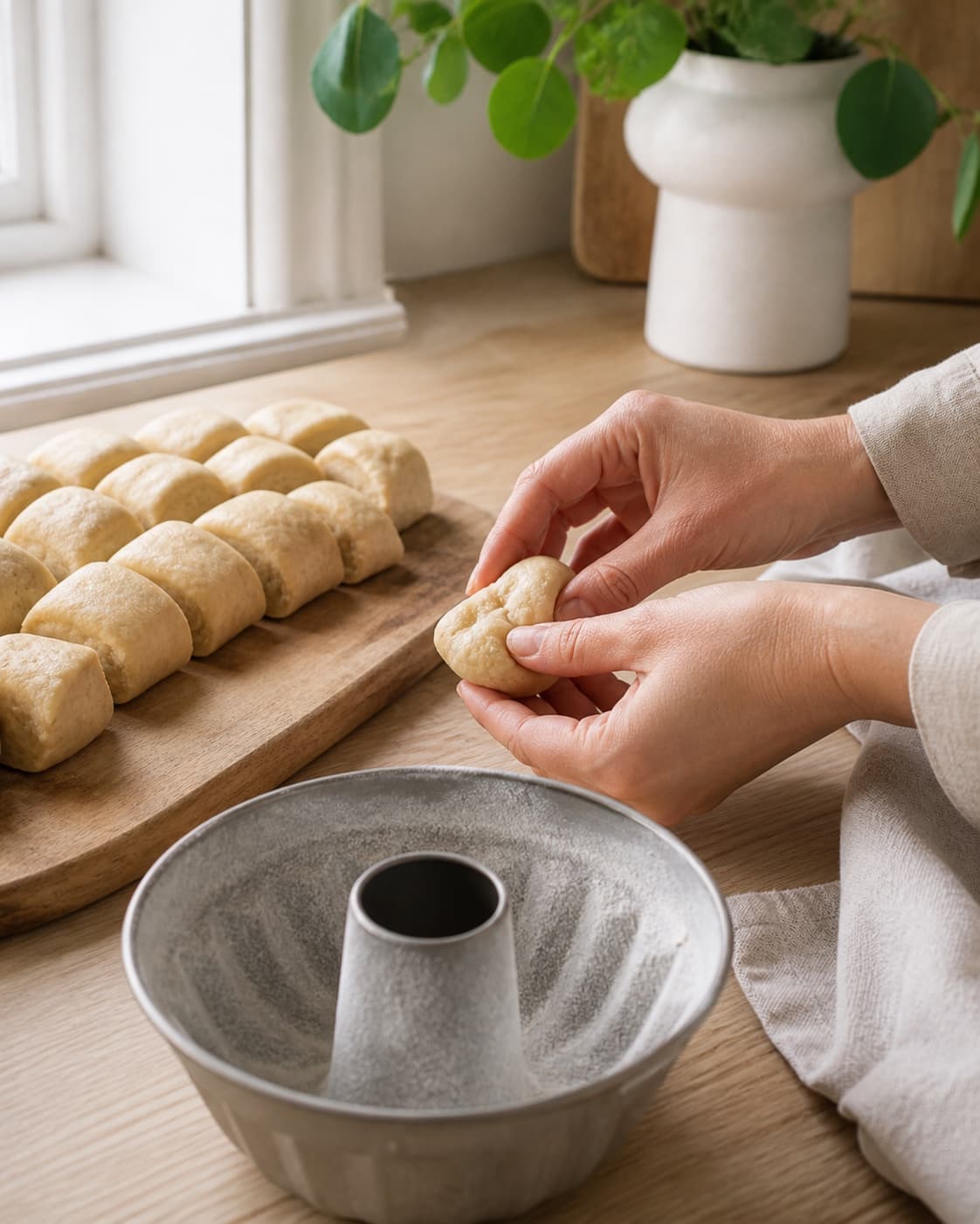 One single photorealistic instructional frame of hands shaping the dough into the recipe-specific form for Monkeybread - kanelbrød, featuring hvedemel, gær, mælk, with only the named equipment and no unrelated food, text, logos or packaging under tilberedningen af monkeybread - kanelbrød