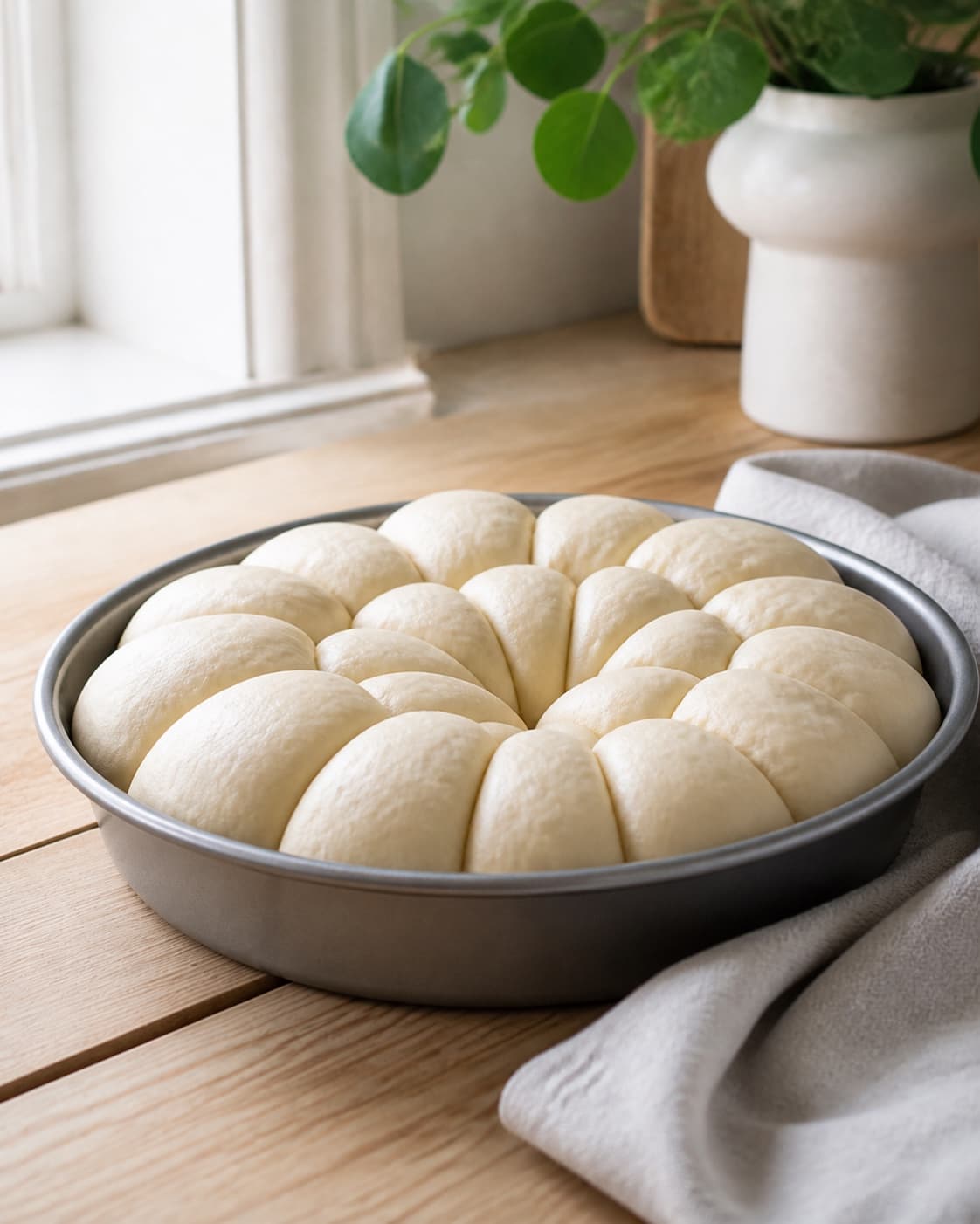 One single photorealistic instructional frame of shaped pale dough pieces visibly risen on one baking tray for Monkeybread - kanelbrød, featuring hvedemel, gær, mælk, with only the named equipment and no unrelated food, text, logos or packaging under tilberedningen af monkeybread - kanelbrød