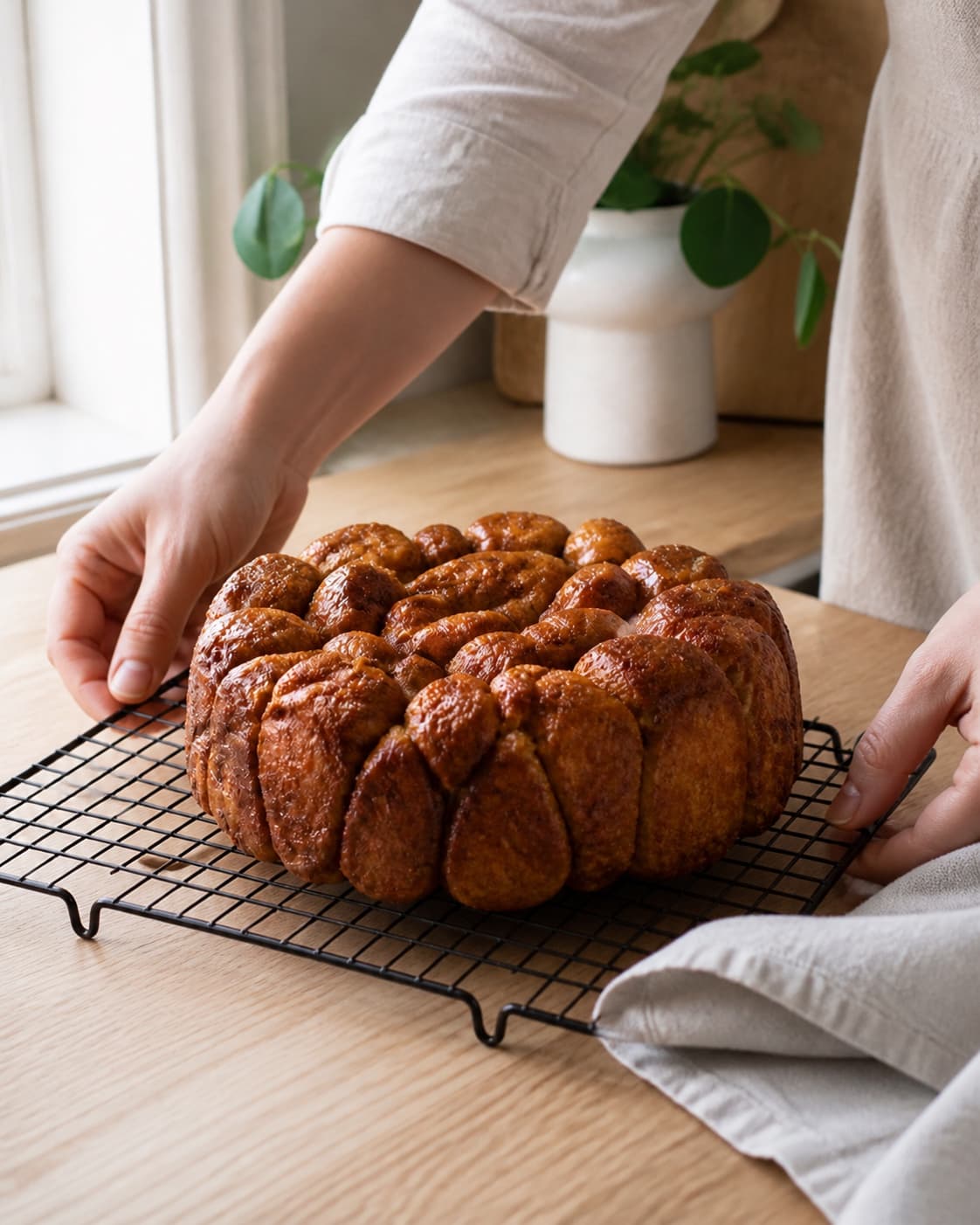 One single photorealistic instructional frame of freshly baked golden bread cooling on one rack for Monkeybread - kanelbrød, featuring hvedemel, gær, mælk, with only the named equipment and no unrelated food, text, logos or packaging under tilberedningen af monkeybread - kanelbrød