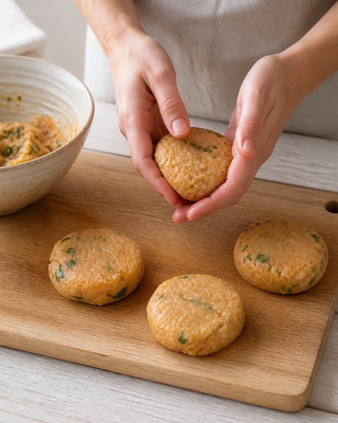 One single photorealistic instructional frame of realistic hands shaping equal raw patties on one board for Thai fiskefrikadeller, featuring torskefilet, rød karrypasta, æg, with only the named equipment and no unrelated food, text, logos or packaging under tilberedningen af thai fiskefrikadeller