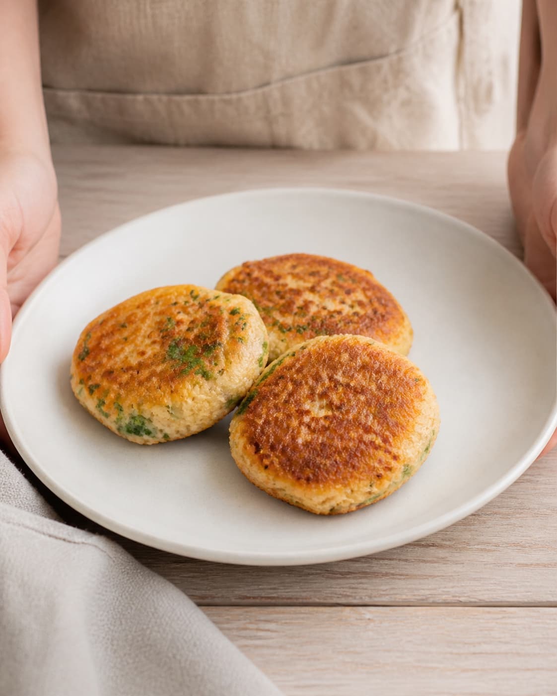 One single photorealistic instructional frame of the cooked patties resting neatly on one platter for Thai fiskefrikadeller, featuring torskefilet, rød karrypasta, æg, with only the named equipment and no unrelated food, text, logos or packaging under tilberedningen af thai fiskefrikadeller