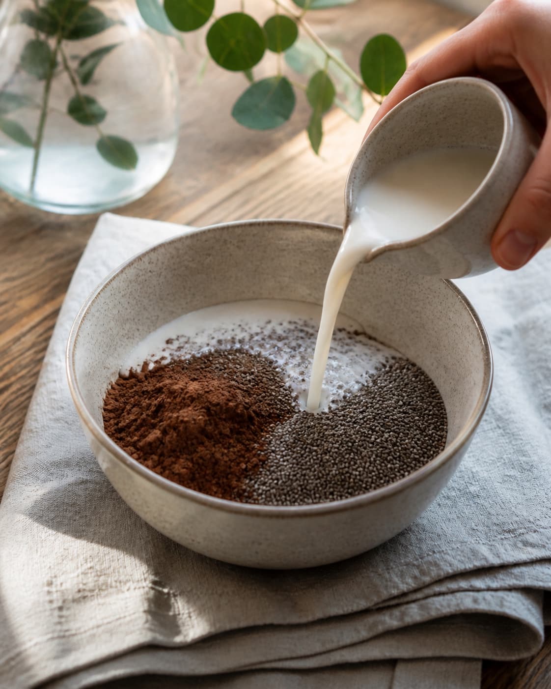 One single photorealistic instructional frame of measured grains seeds and liquid before cooking for Chokolade Chiagrød, featuring chiafrø, kakaopulver, mælk, with only the named equipment and no unrelated food, text, logos or packaging under tilberedningen af chokolade chiagrød
