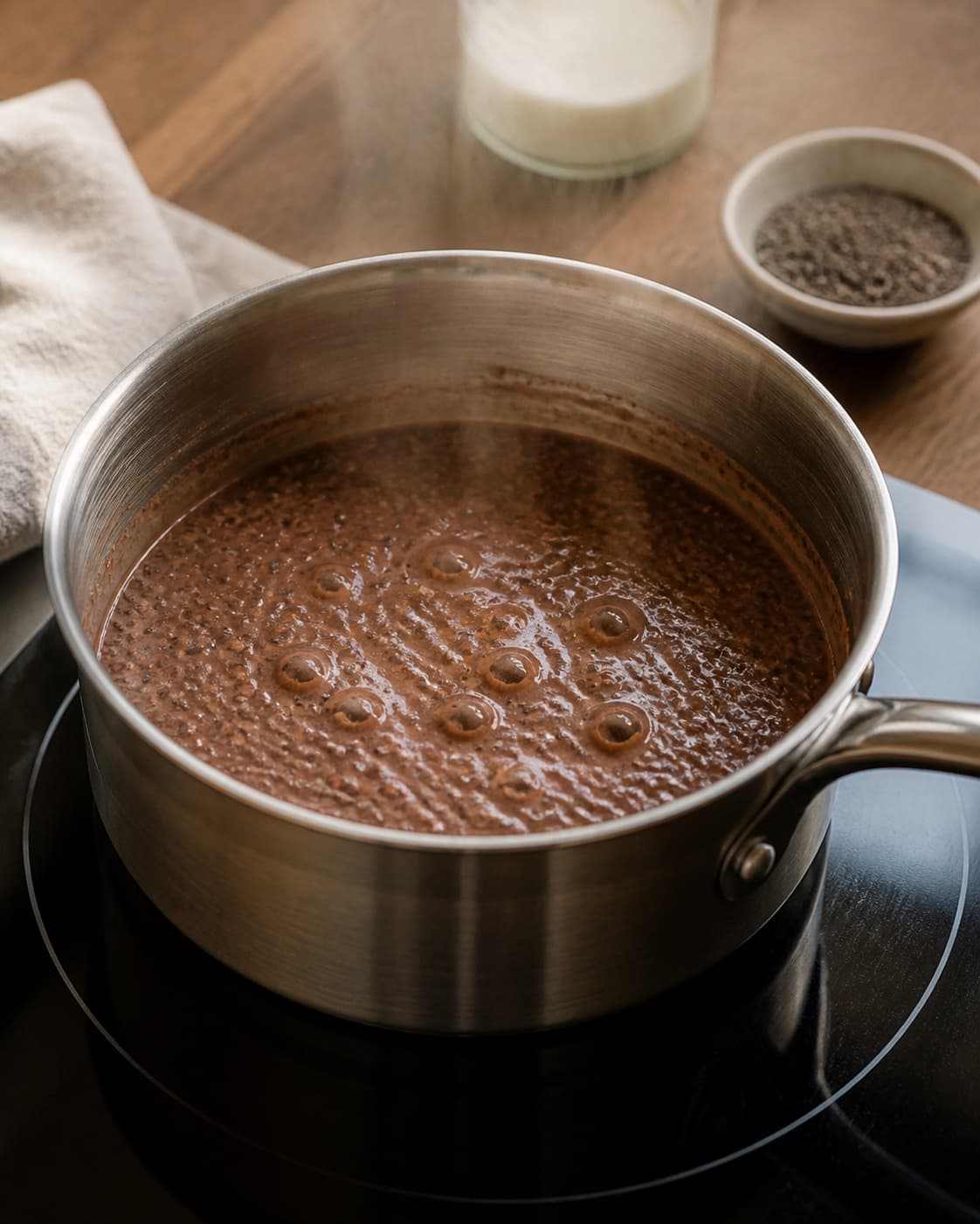 One single photorealistic instructional frame of creamy breakfast porridge gently simmering in one pot for Chokolade Chiagrød, featuring chiafrø, kakaopulver, mælk, with only the named equipment and no unrelated food, text, logos or packaging under tilberedningen af chokolade chiagrød