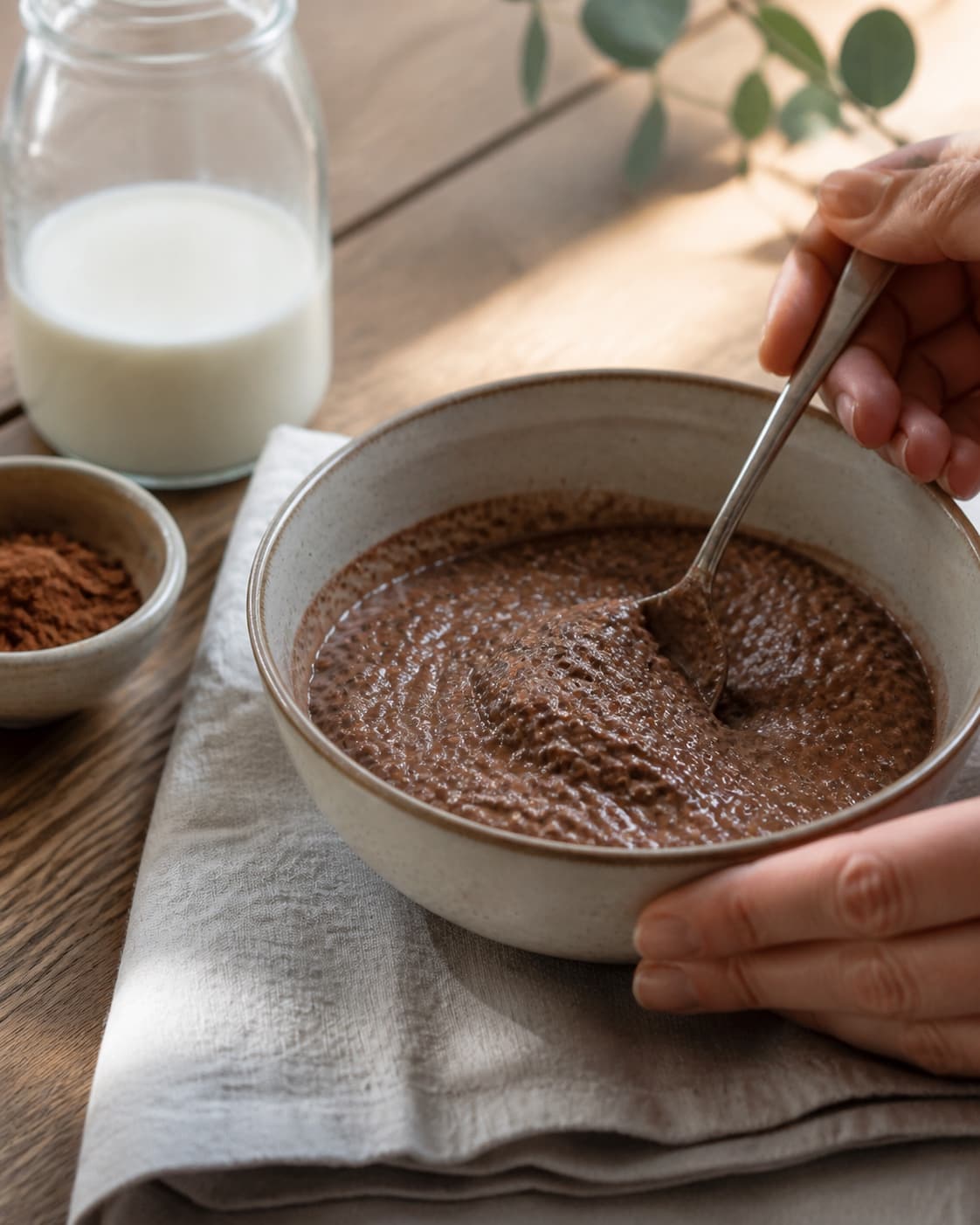 One single photorealistic instructional frame of the porridge consistency being adjusted with a spoon for Chokolade Chiagrød, featuring chiafrø, kakaopulver, mælk, with only the named equipment and no unrelated food, text, logos or packaging under tilberedningen af chokolade chiagrød