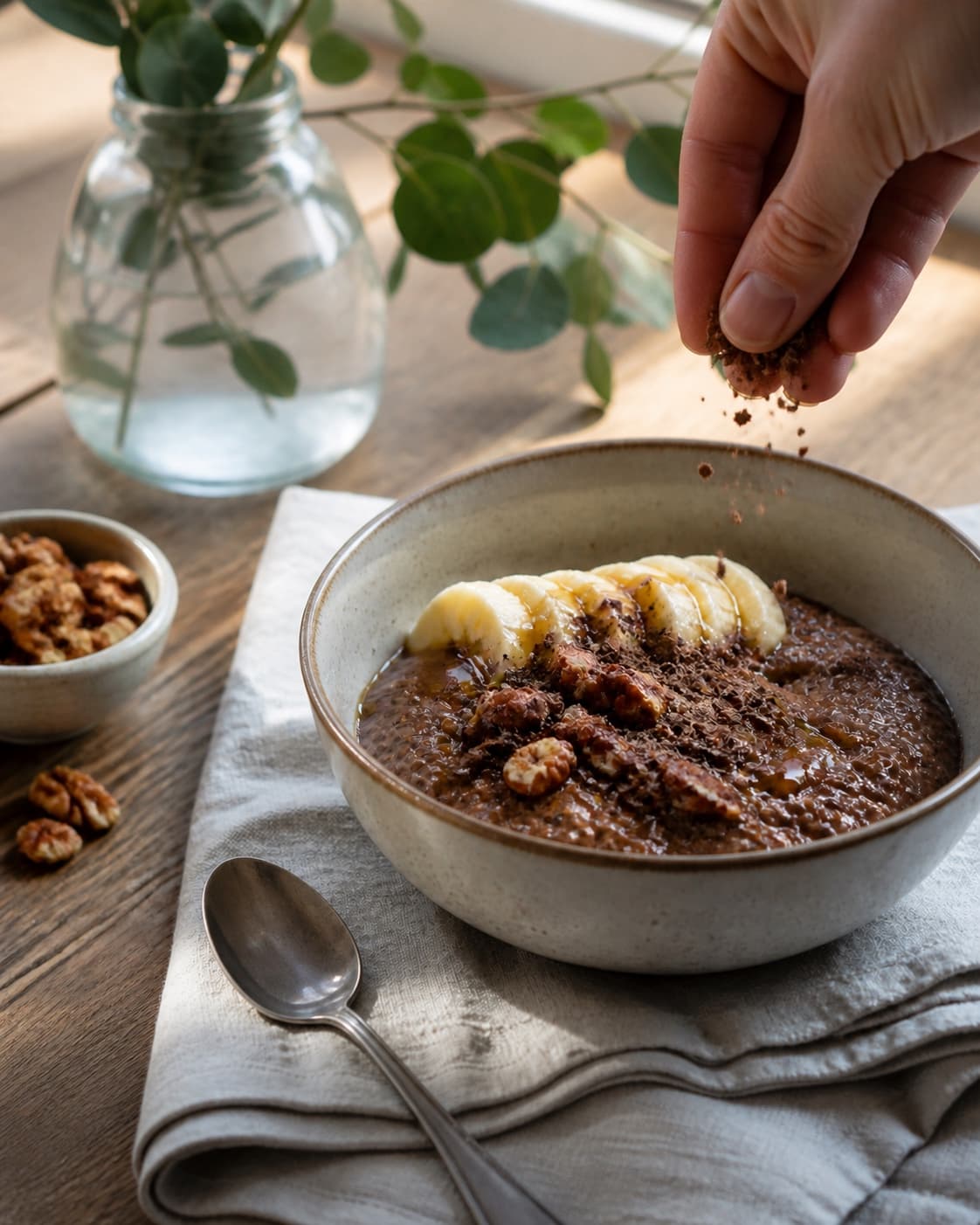 One single photorealistic instructional frame of finished breakfast bowls topped with the named fruit and garnish for Chokolade Chiagrød, featuring chiafrø, kakaopulver, mælk, with only the named equipment and no unrelated food, text, logos or packaging under tilberedningen af chokolade chiagrød