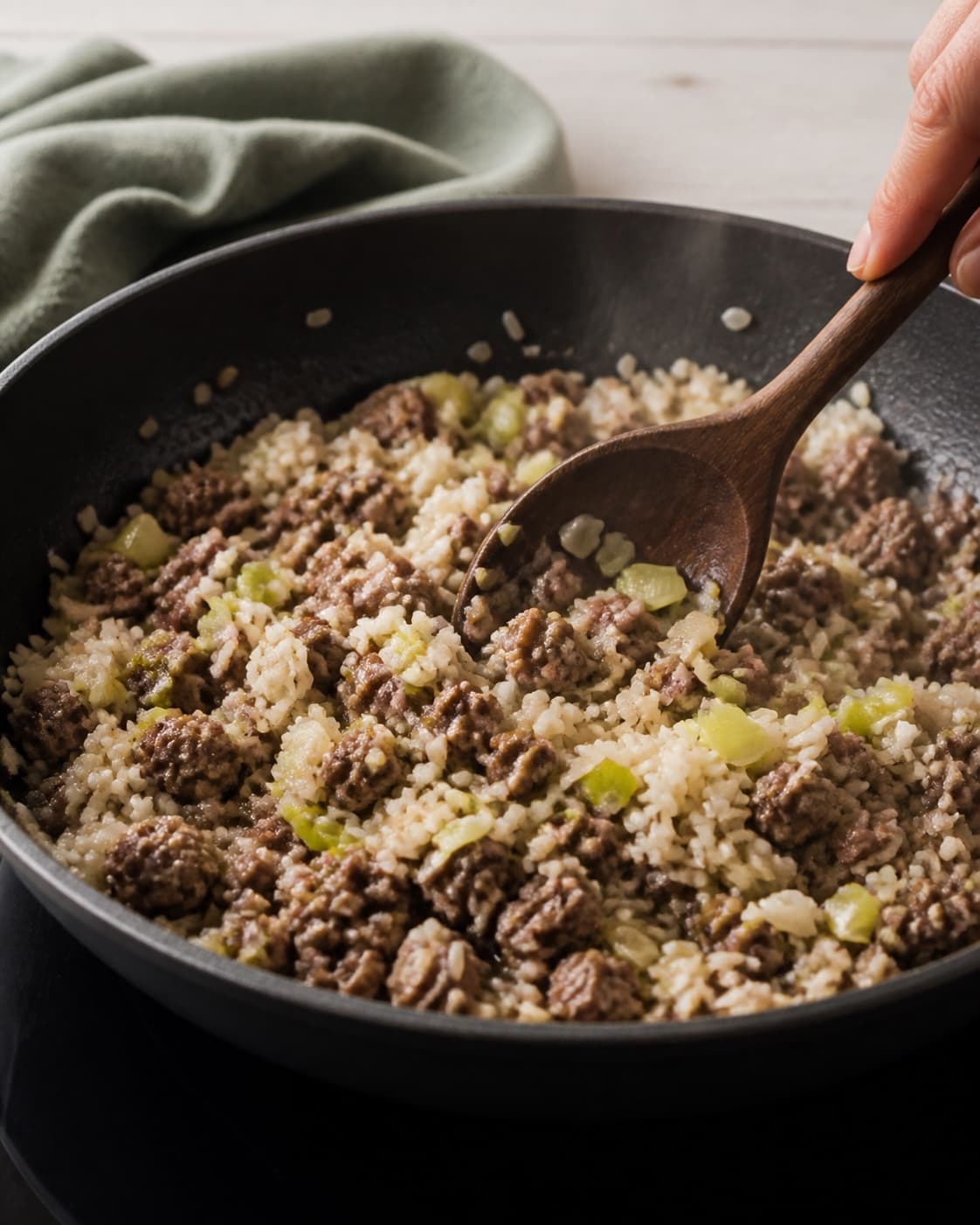 One single photorealistic instructional frame of the savoury filling browning in one skillet for Farserede porrer, featuring porrer, hakket oksekød, kogte ris, with only the named equipment and no unrelated food, text, logos or packaging under tilberedningen af farserede porrer