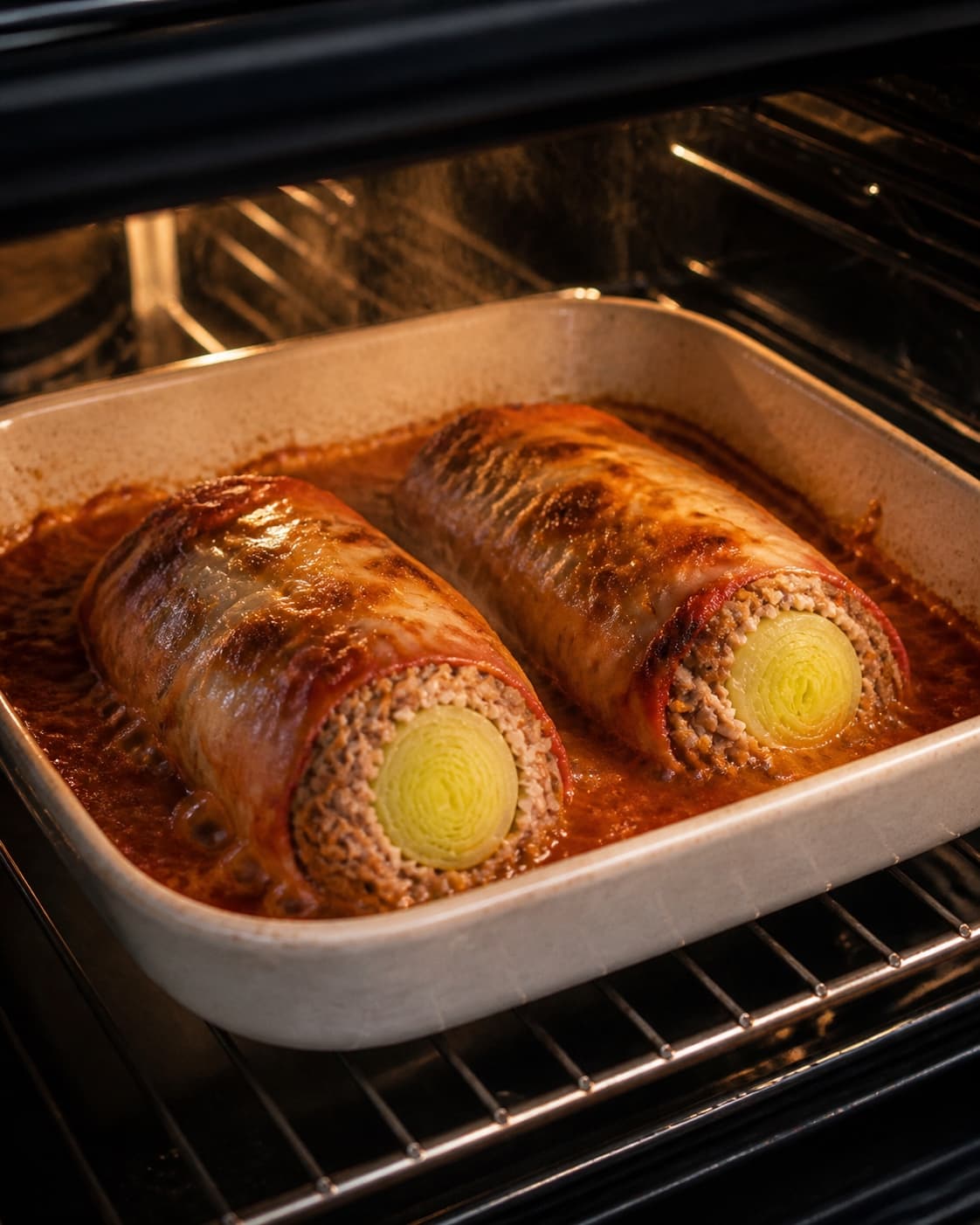 One single photorealistic instructional frame of the casserole bubbling and browning in the oven for Farserede porrer, featuring porrer, hakket oksekød, kogte ris, with only the named equipment and no unrelated food, text, logos or packaging under tilberedningen af farserede porrer