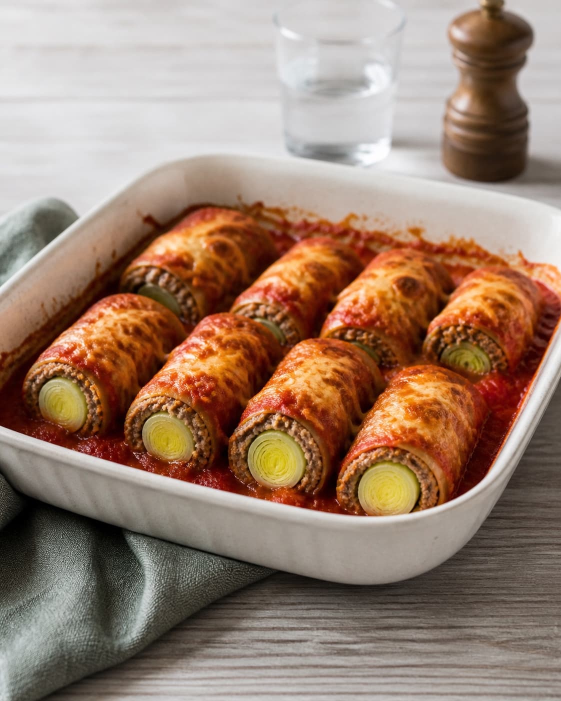 One single photorealistic instructional frame of the finished casserole resting before serving for Farserede porrer, featuring porrer, hakket oksekød, kogte ris, with only the named equipment and no unrelated food, text, logos or packaging under tilberedningen af farserede porrer